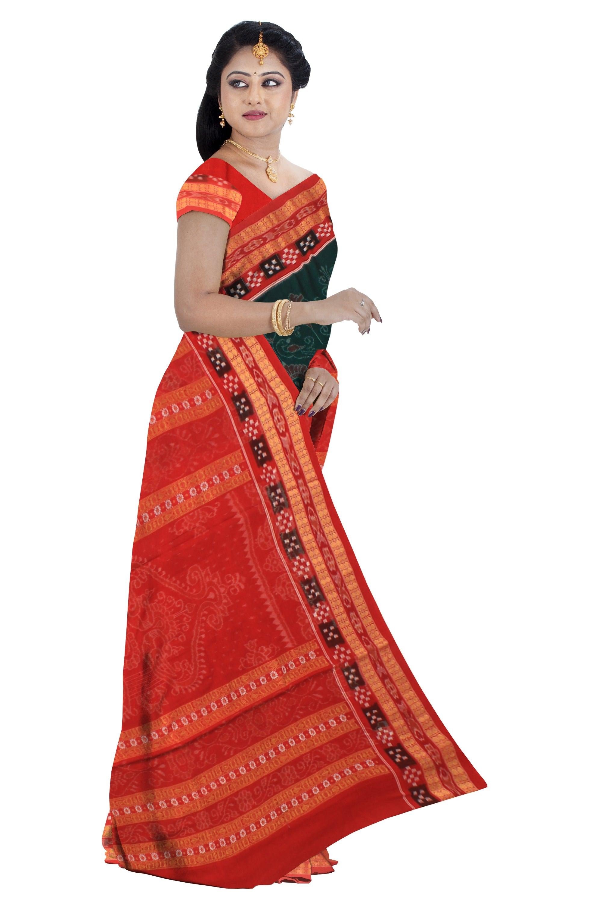 Tree, Flower and Mayuri design Smbalpuri cotton saree in dark Green and Red colour with blouse piece. - Koshali Arts & Crafts Enterprise