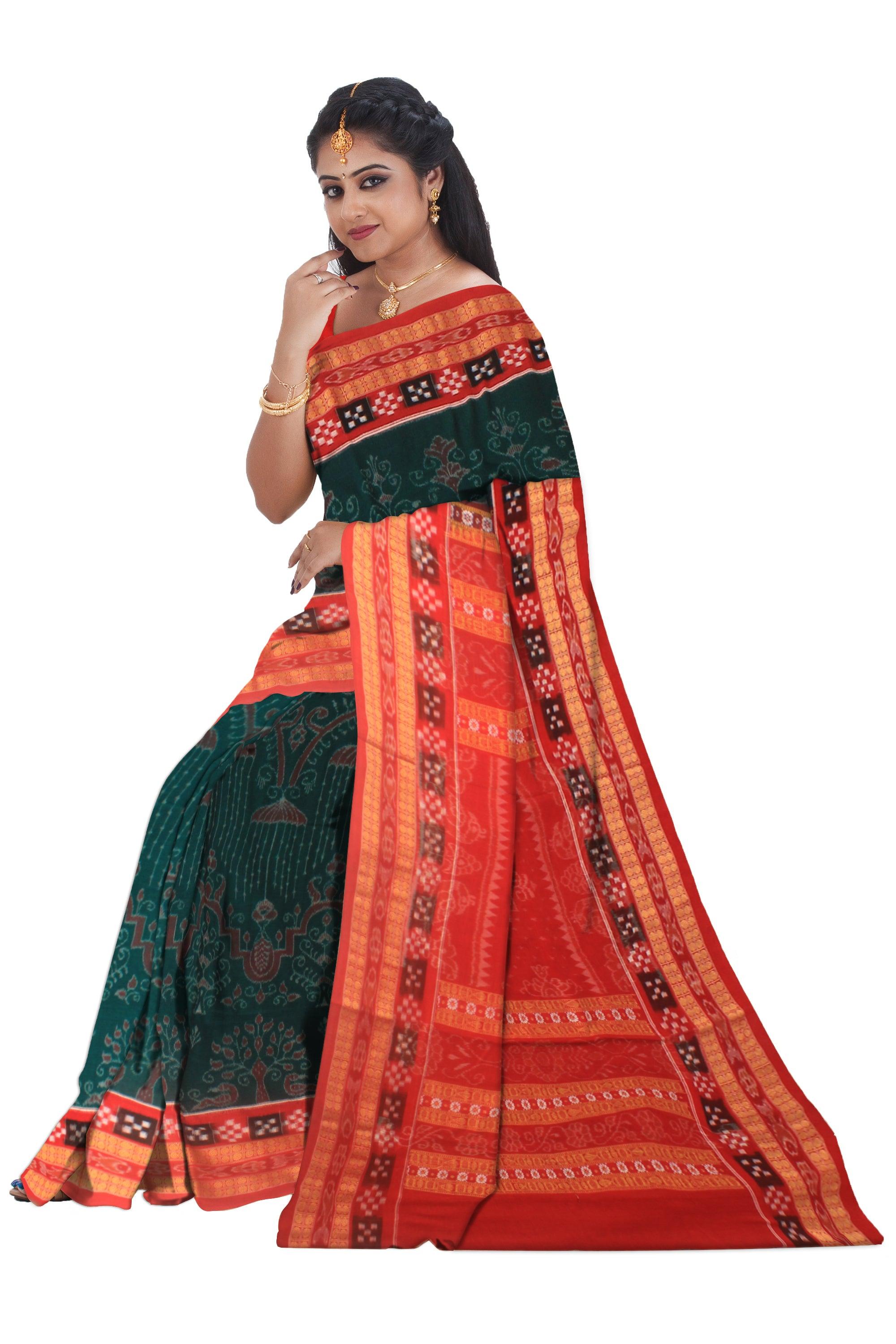 Tree, Flower and Mayuri design Smbalpuri cotton saree in dark Green and Red colour with blouse piece. - Koshali Arts & Crafts Enterprise