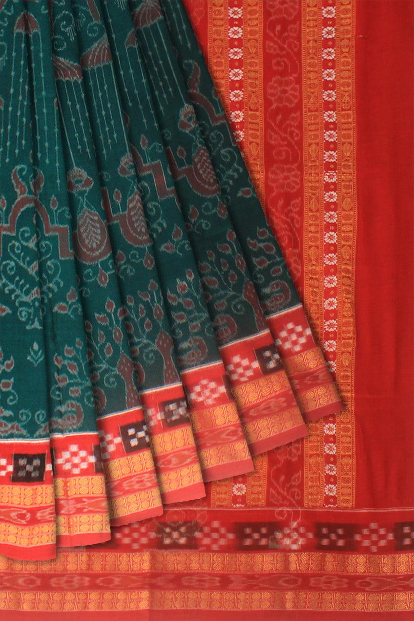 Tree, Flower and Mayuri design Smbalpuri cotton saree in dark Green and Red colour with blouse piece. - Koshali Arts & Crafts Enterprise