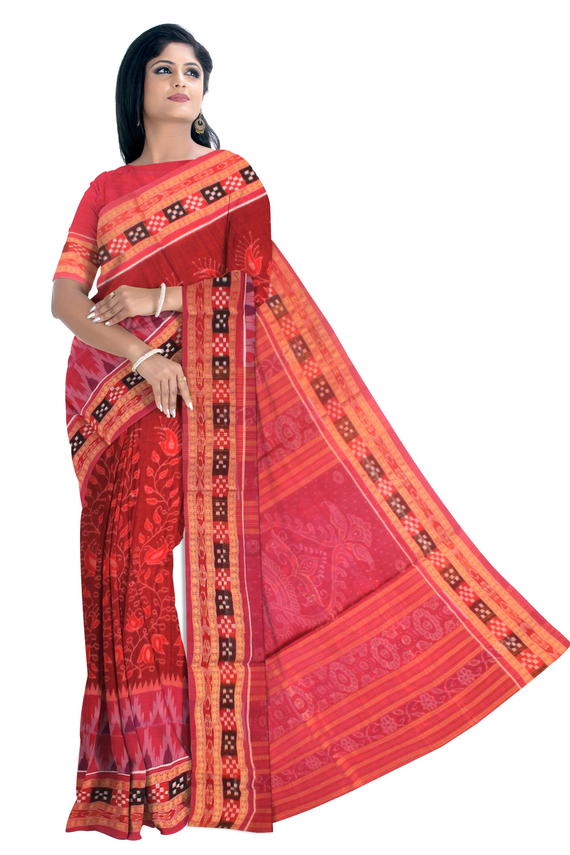 A Sambalpuri cotton saree in violet color and dhadi pasapali grassflower design body with blouse piece. - Koshali Arts & Crafts Enterprise