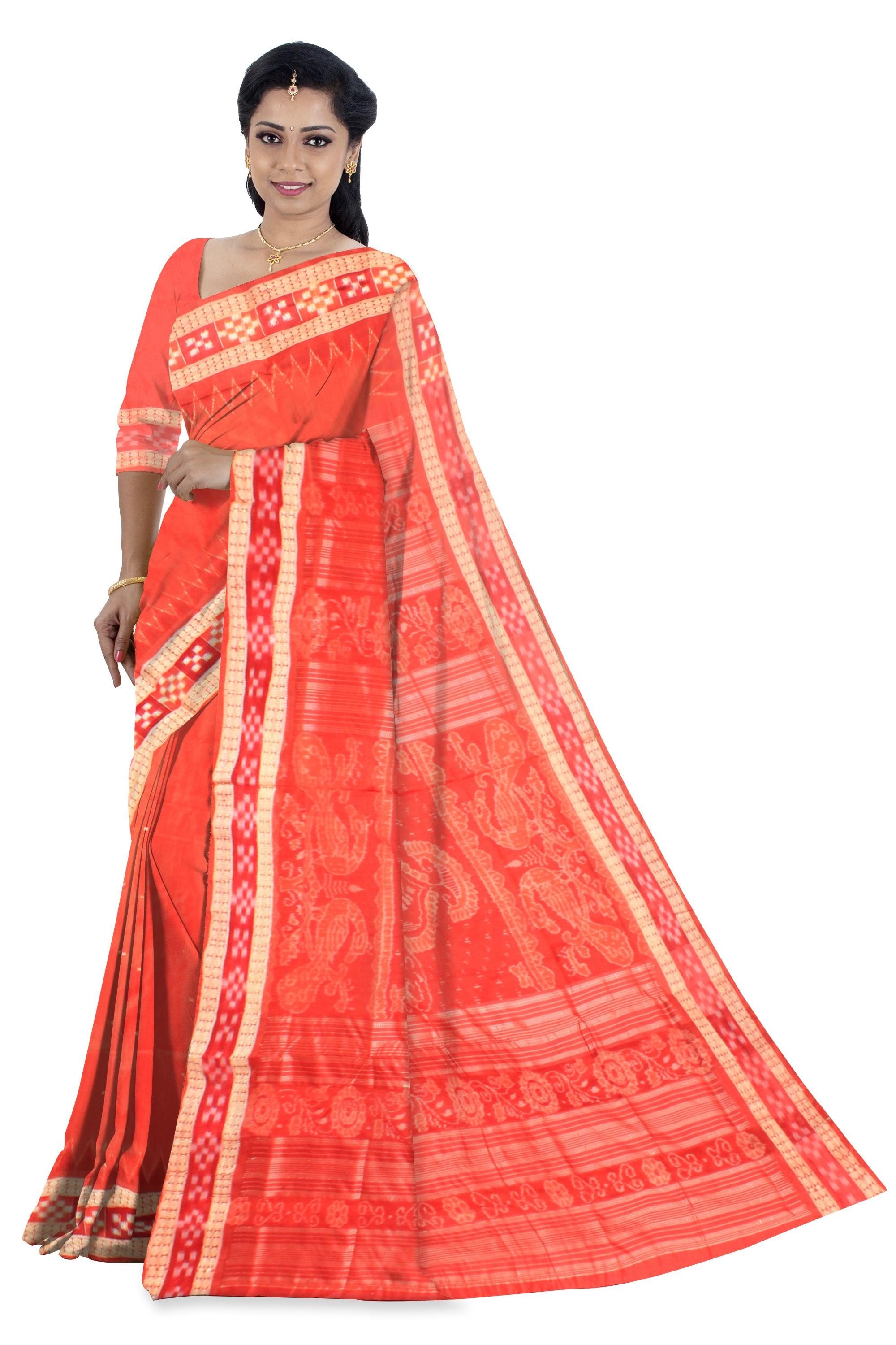 A dhadisapta design Sambalpuri pata saree in Orange colour with blouse piece. - Koshali Arts & Crafts Enterprise