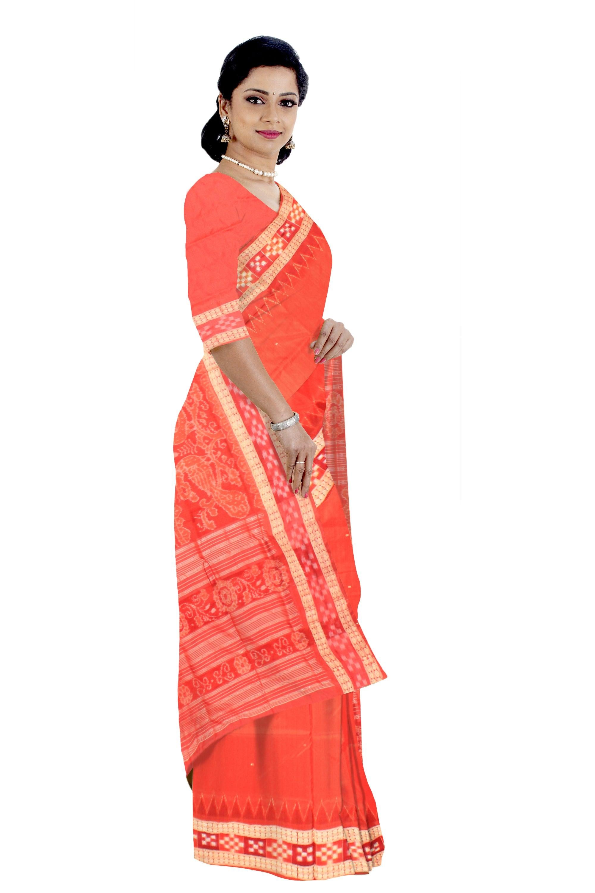 A dhadisapta design Sambalpuri pata saree in Orange colour with blouse piece. - Koshali Arts & Crafts Enterprise