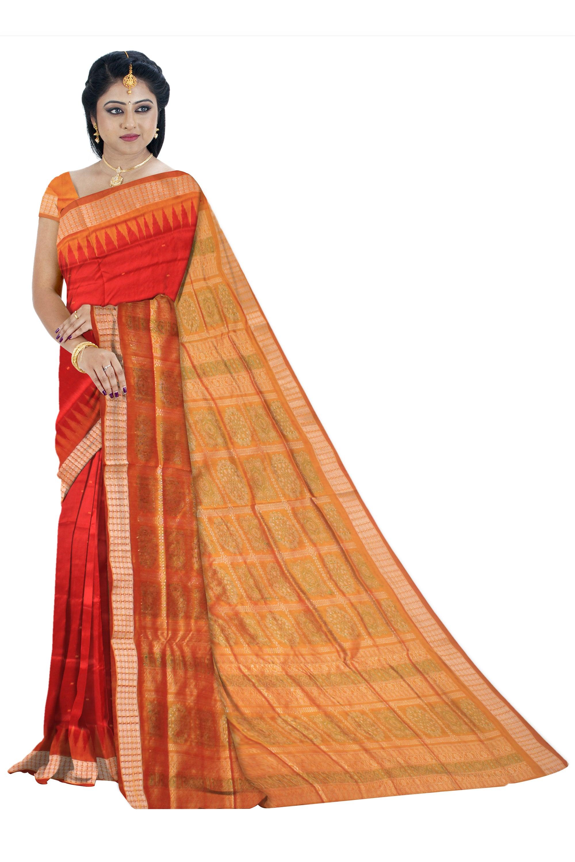 Red hand woven crepe Sambalpuri Pata saree with blouse. - Koshali Arts & Crafts Enterprise