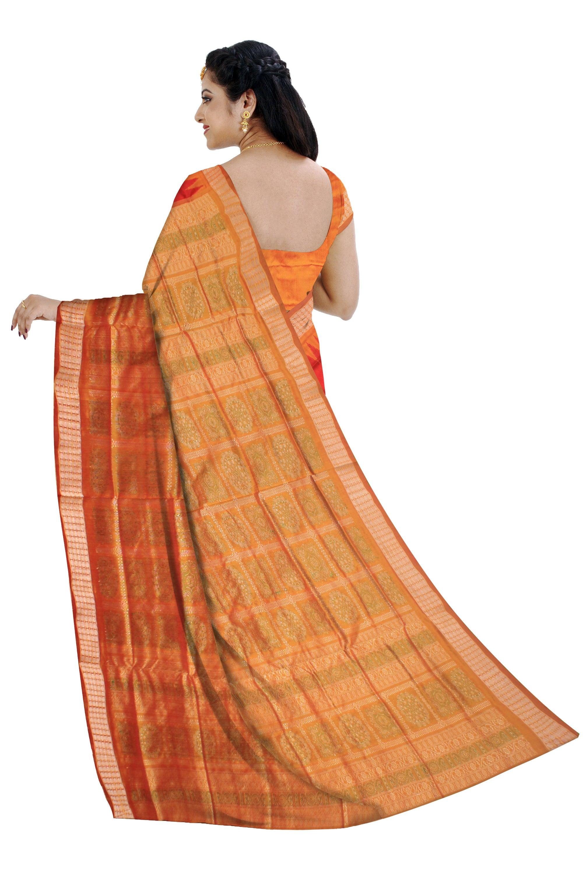 Red hand woven crepe Sambalpuri Pata saree with blouse. - Koshali Arts & Crafts Enterprise