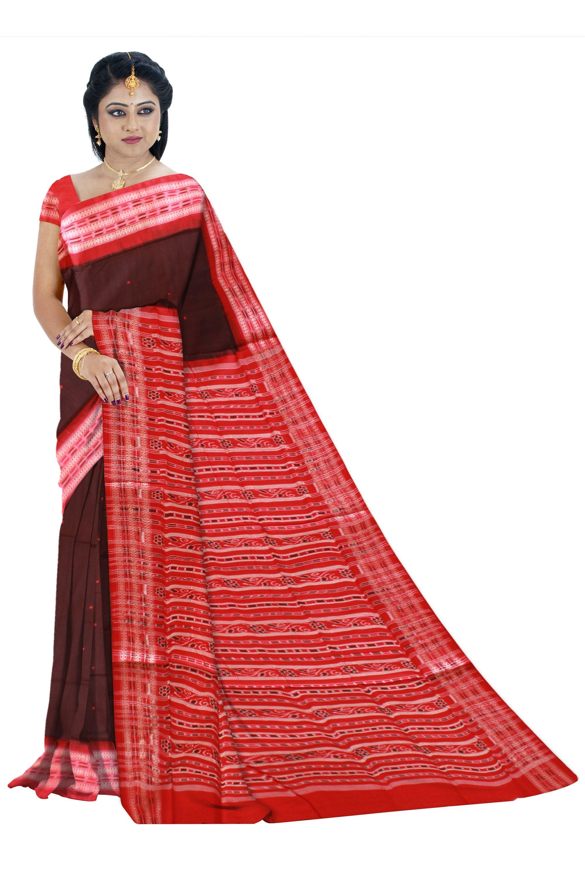 Brown color buti pattern sambalpuri cotton saree with blouse piece. - Koshali Arts & Crafts Enterprise