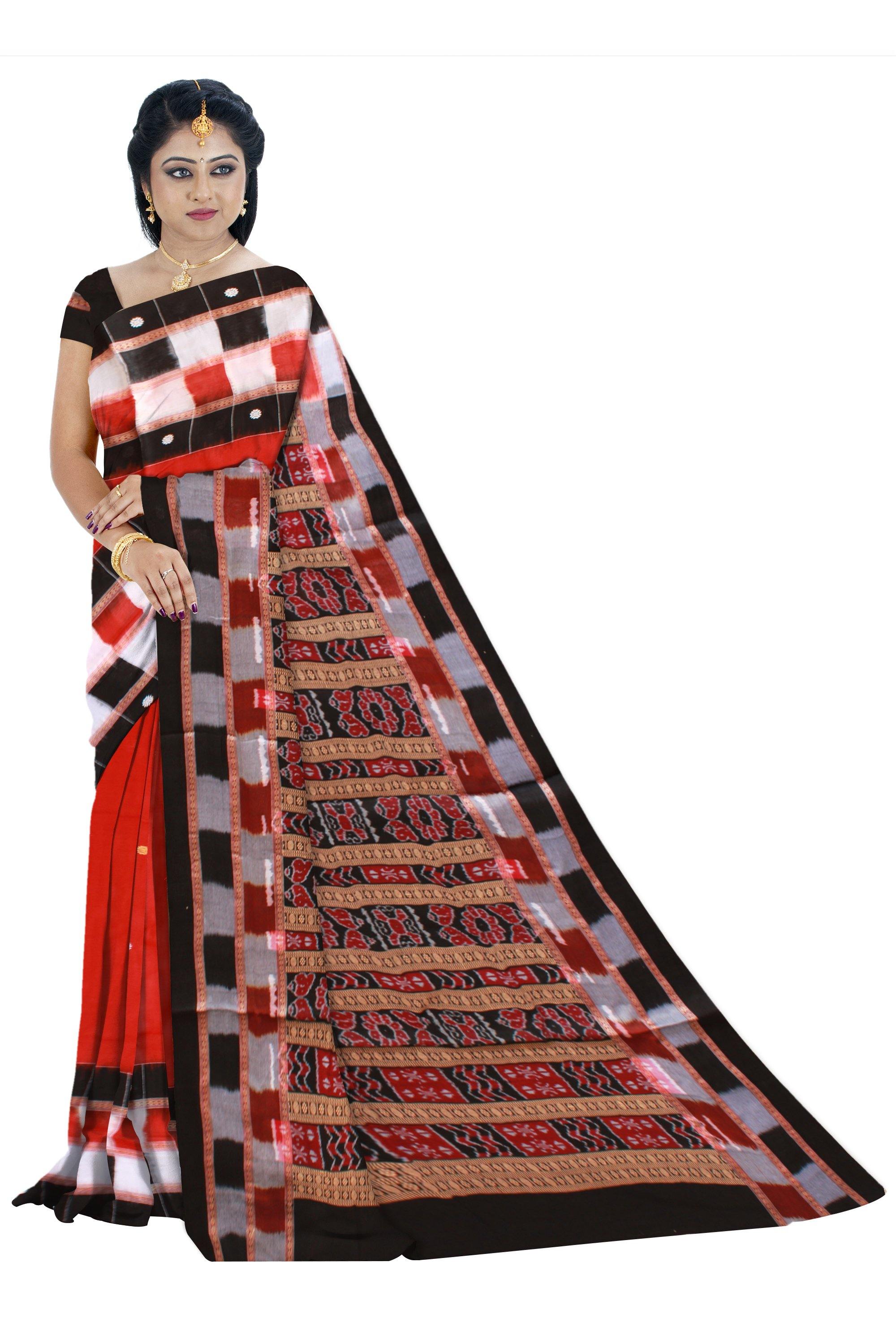 Red color Butti patten Sambalpuri cotton saree with blouse piece. - Koshali Arts & Crafts Enterprise