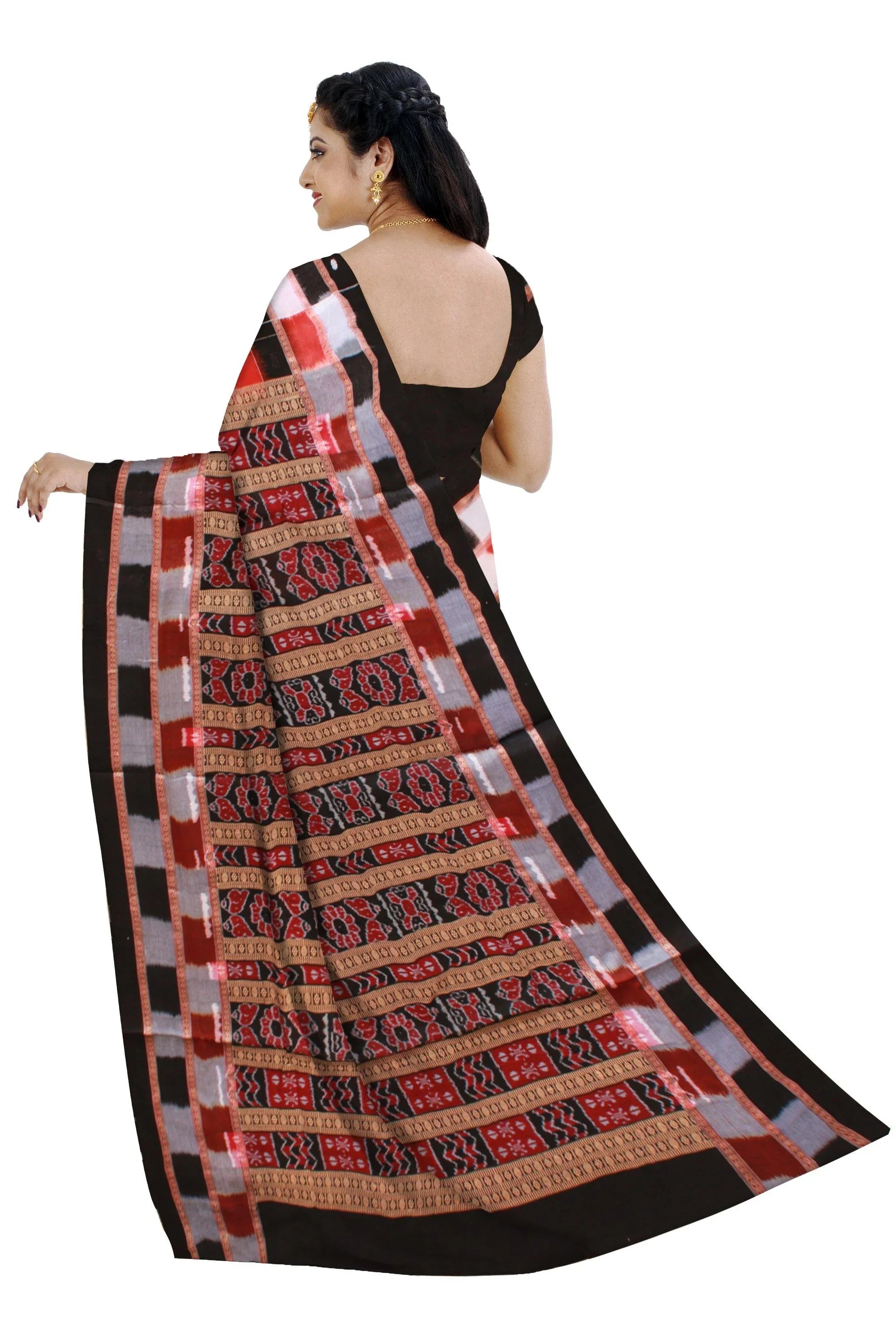 Red color Butti patten Sambalpuri cotton saree with blouse piece. - Koshali Arts & Crafts Enterprise