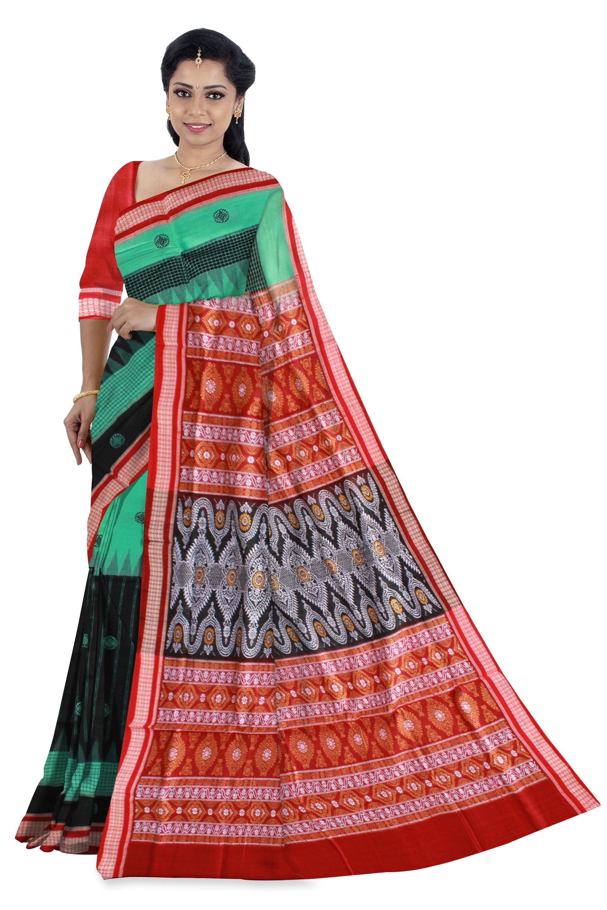 Bomkei Sambalpuri Saree in Green and Black color with blouse piece. - Koshali Arts & Crafts Enterprise