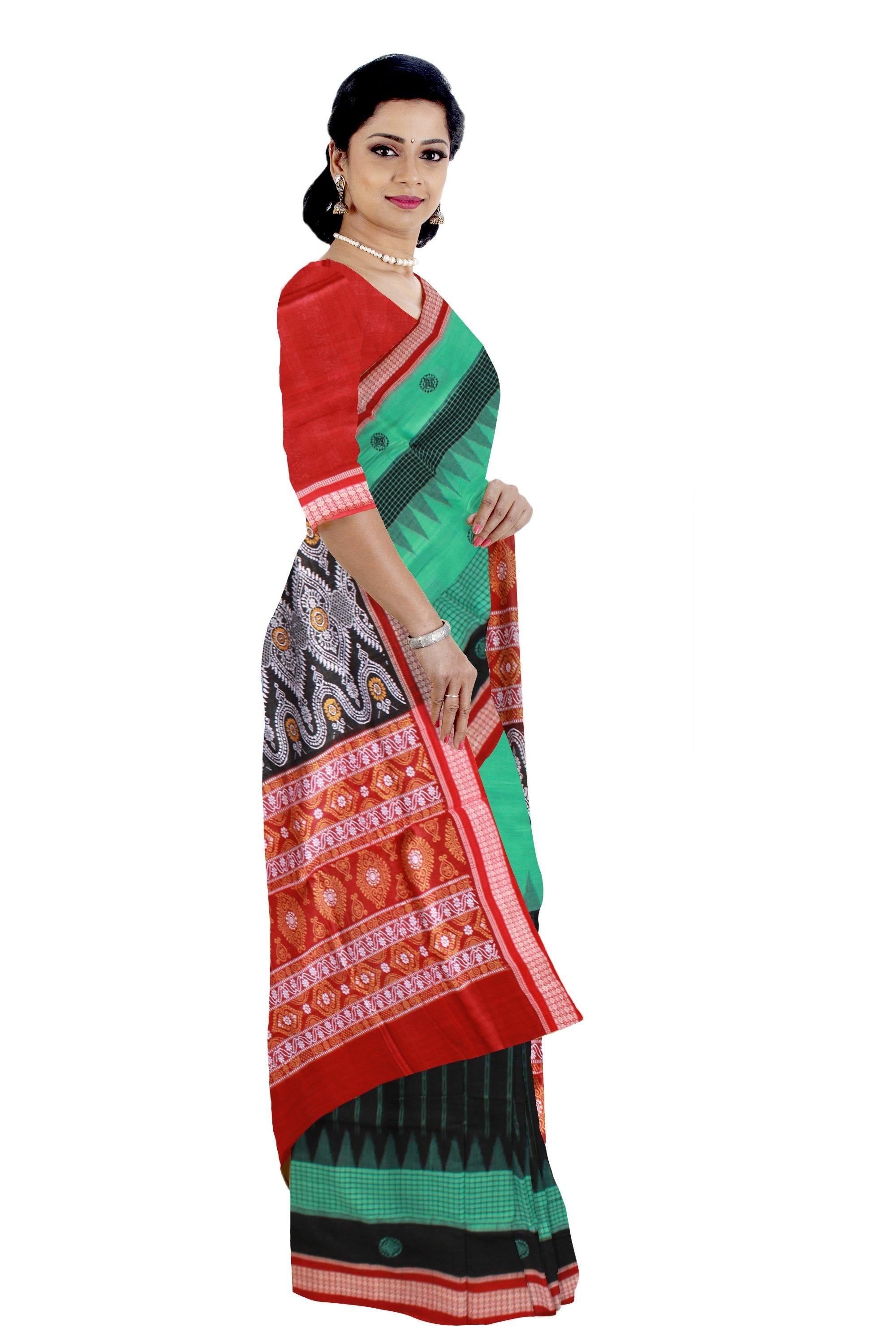 Bomkei Sambalpuri Saree in Green and Black color with blouse piece. - Koshali Arts & Crafts Enterprise