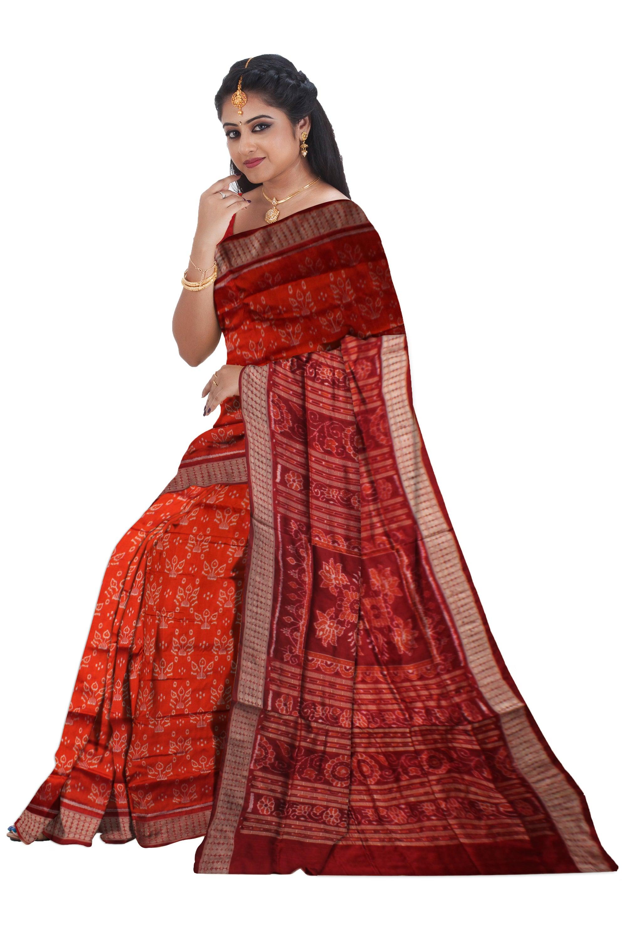 MARRIAGE COLLECTION PURE SILK SAREE IN ORANGE AND MAROON COLOR BASE, COMES WITH BLOUSE PIECE. - Koshali Arts & Crafts Enterprise