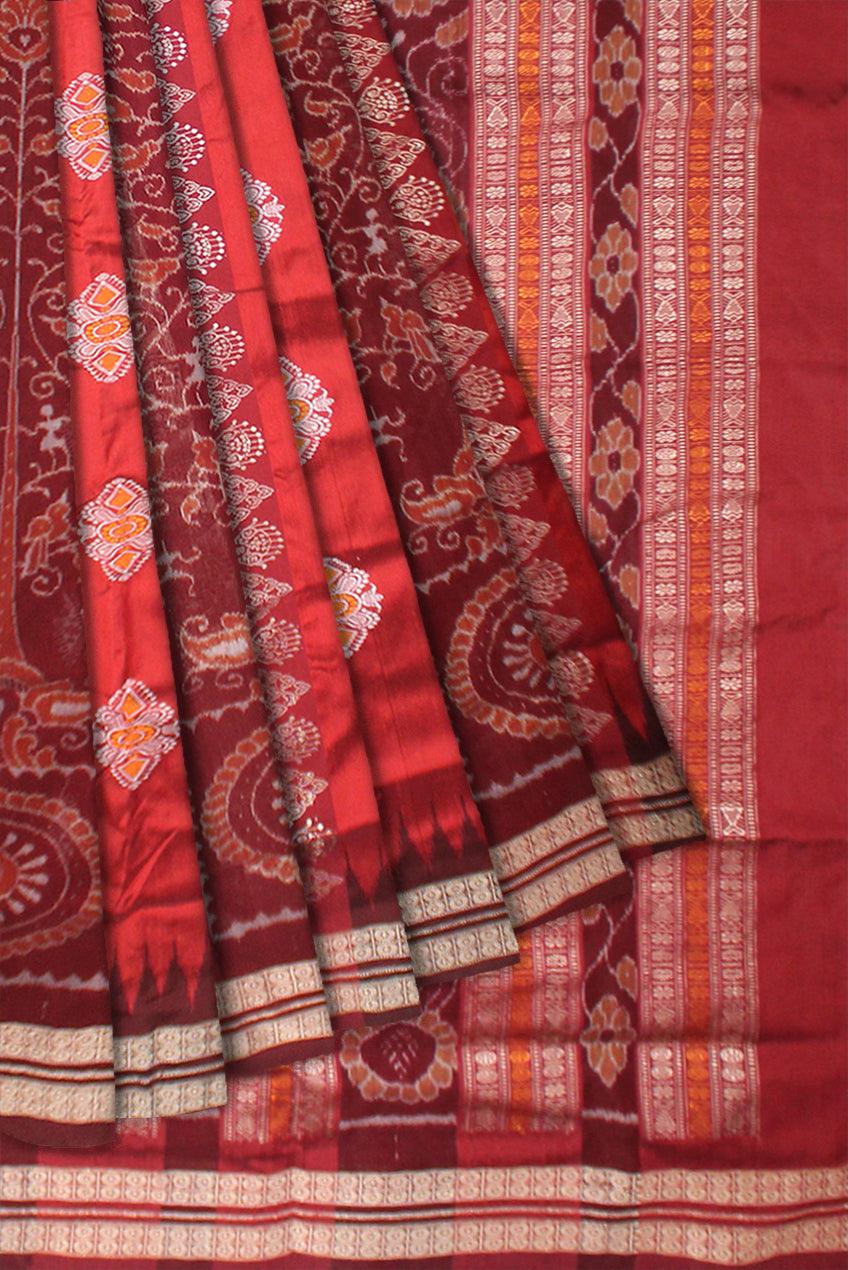 RED AND MAROON COLOR SONEPUR BOMKEI PATA SAREE , WITH BLOUSE PIECE. - Koshali Arts & Crafts Enterprise