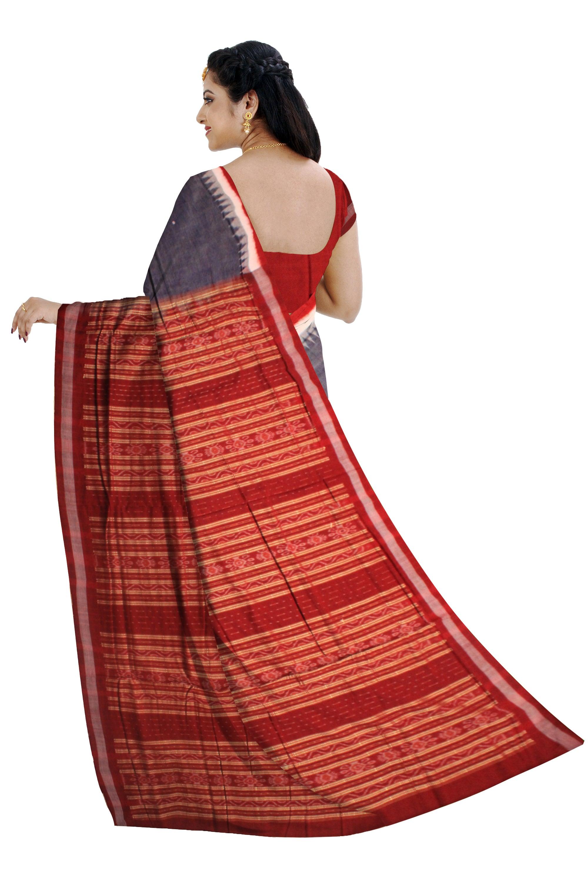A SONEPUR COTTON SAREE IN STEEL BLUE  AND MAROON COLOR, WITH BLOUSE PIECE. - Koshali Arts & Crafts Enterprise