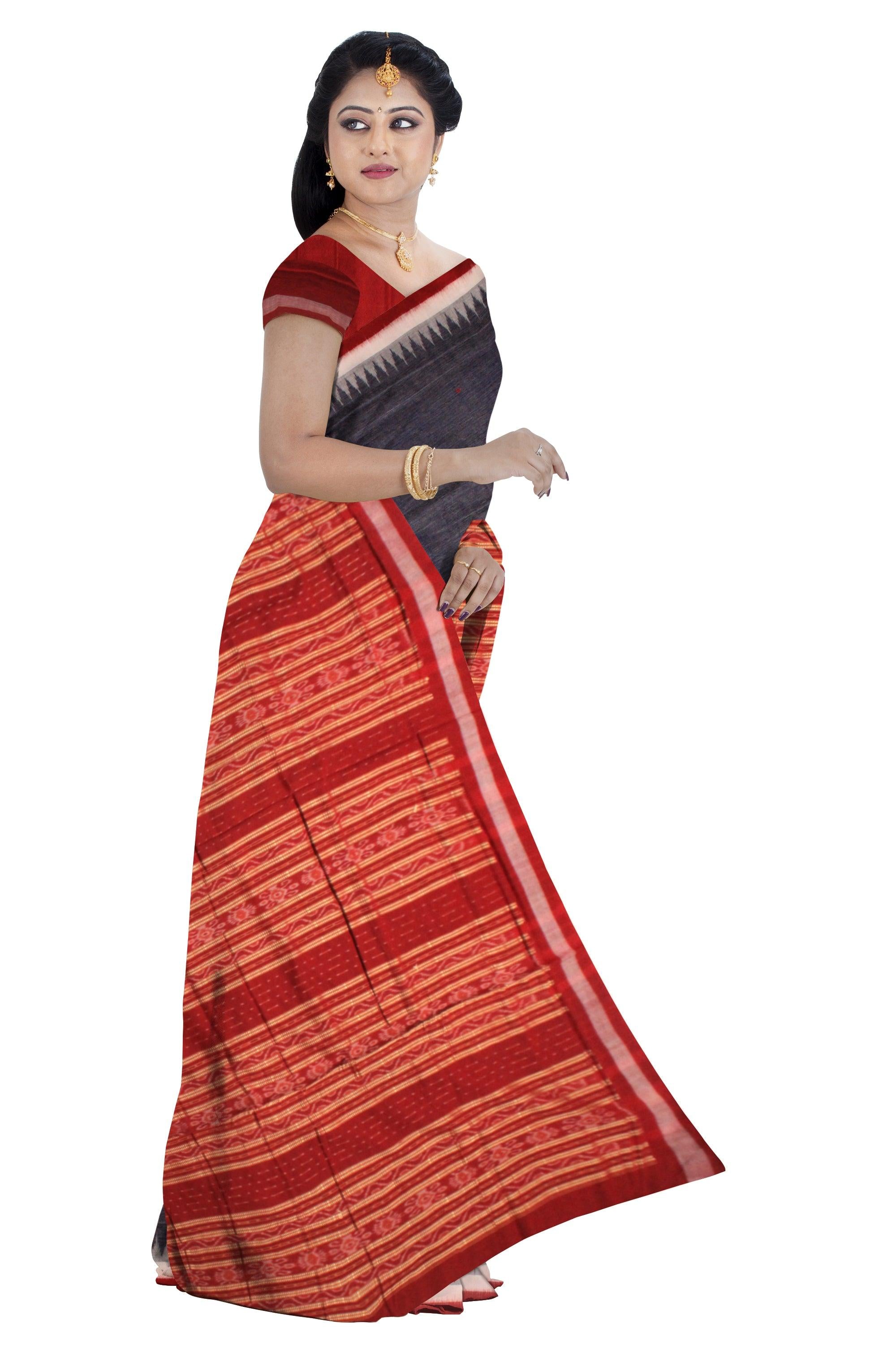 A SONEPUR COTTON SAREE IN STEEL BLUE  AND MAROON COLOR, WITH BLOUSE PIECE. - Koshali Arts & Crafts Enterprise