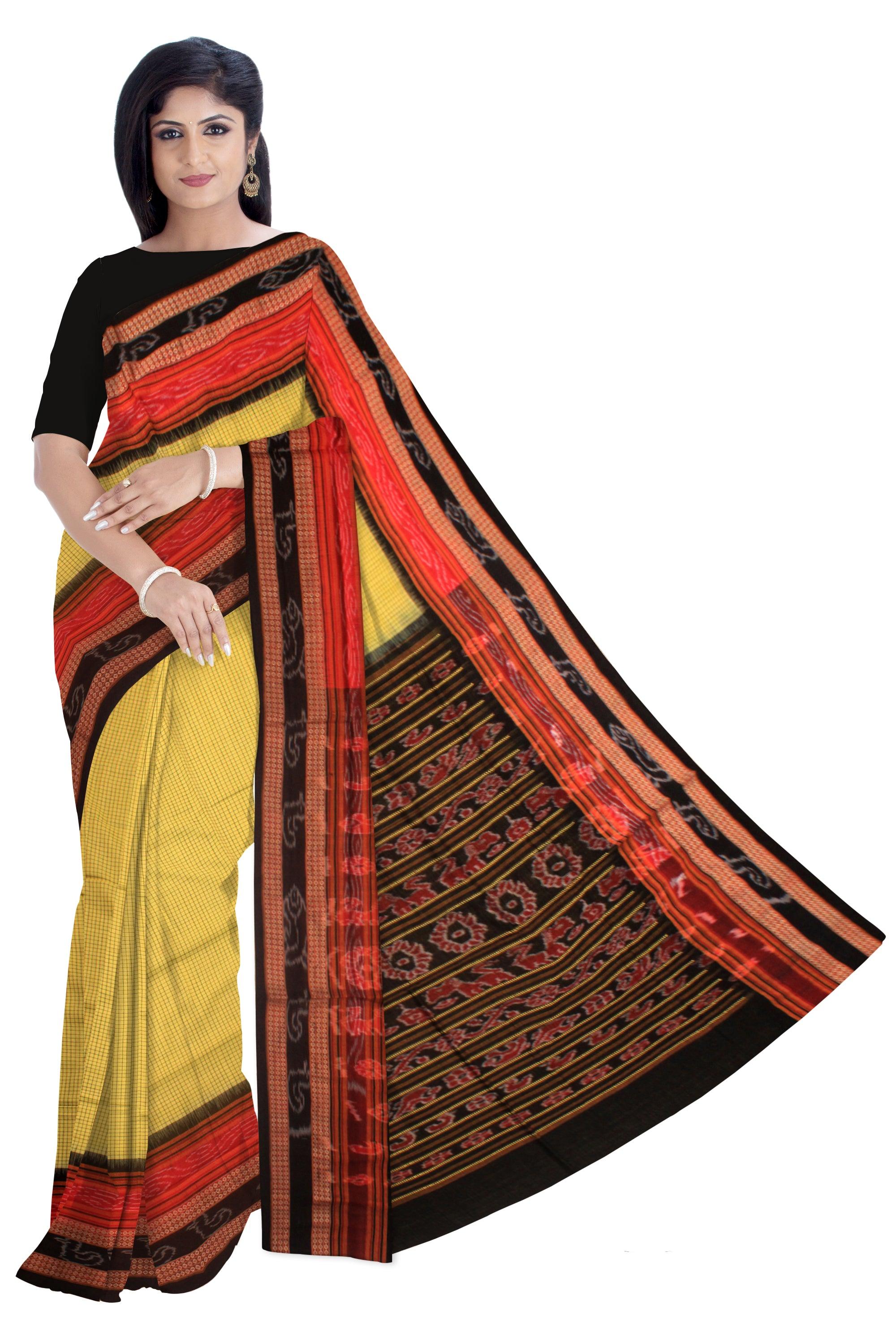 YELLOW, RED AND BLACK COLOR MIX SACHIPURI SAREE , WITH OUT BLOUSE PIECE. - Koshali Arts & Crafts Enterprise