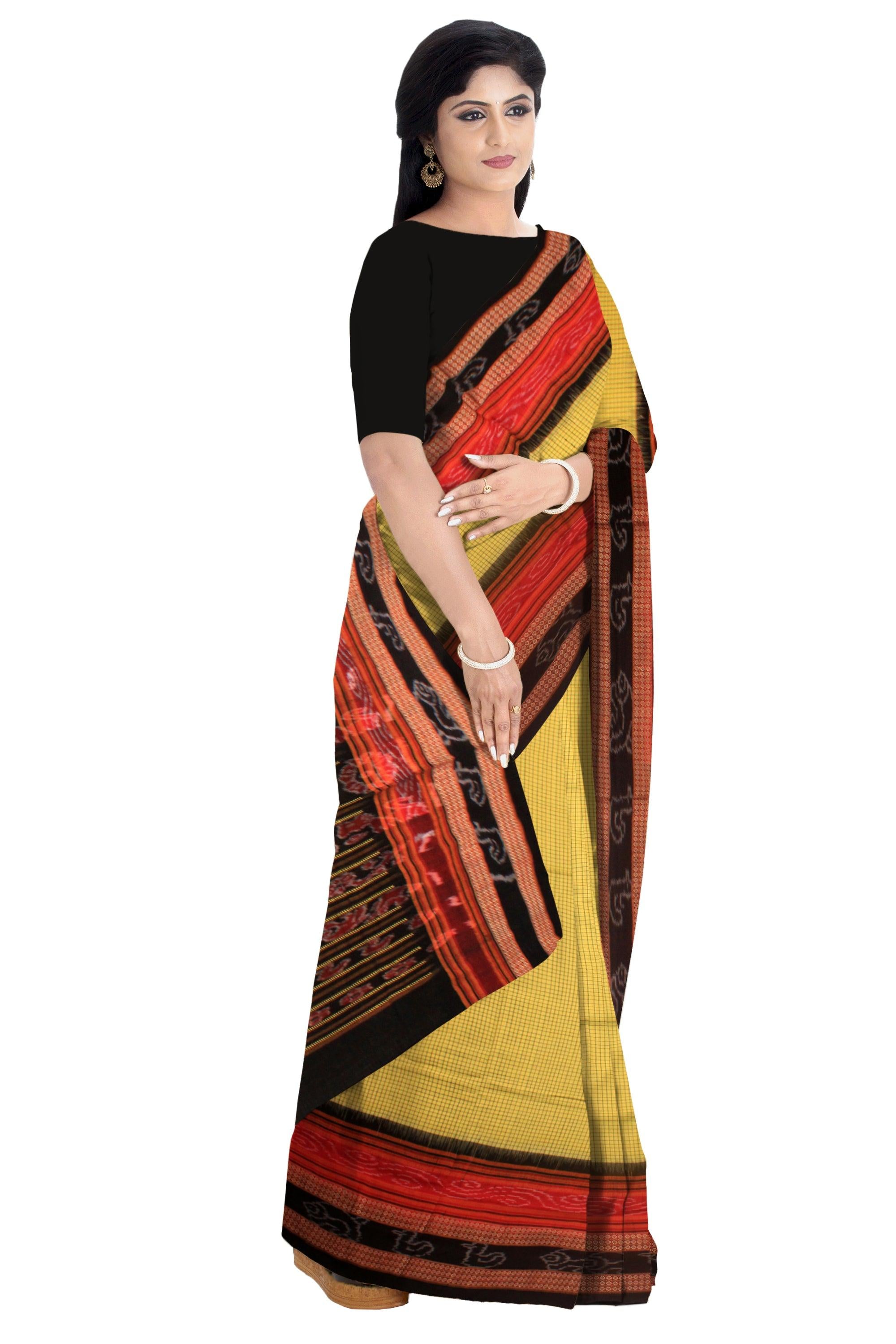 YELLOW, RED AND BLACK COLOR MIX SACHIPURI SAREE , WITH OUT BLOUSE PIECE. - Koshali Arts & Crafts Enterprise