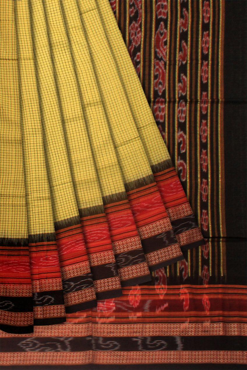 YELLOW, RED AND BLACK COLOR MIX SACHIPURI SAREE , WITH OUT BLOUSE PIECE. - Koshali Arts & Crafts Enterprise
