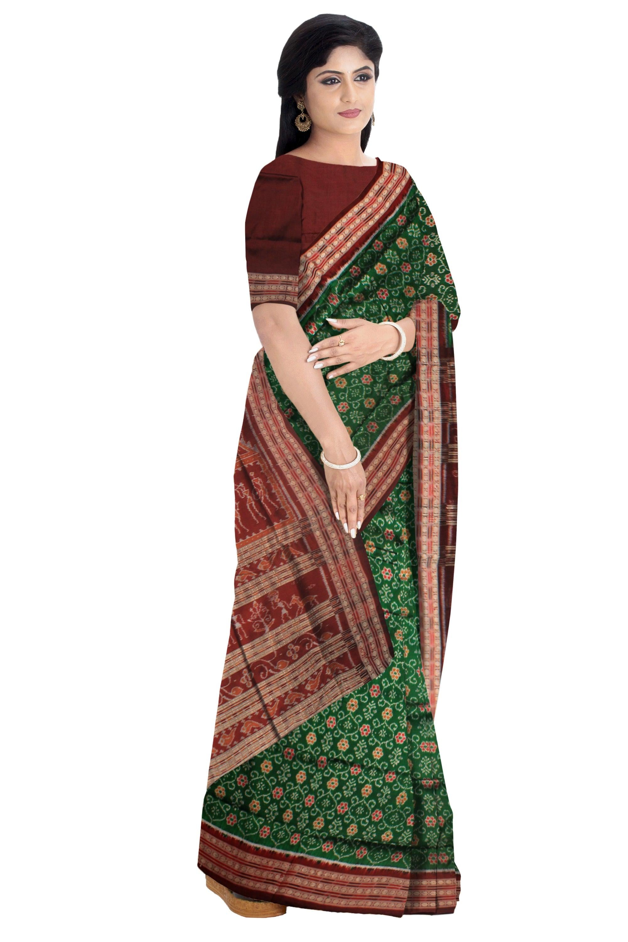 PERSIAN GREEN AND  COFFEE COLOR SONEPUR PURE SILK  SAREE IN BANDHA DESIGN , WITH BLOUSE PIECE. - Koshali Arts & Crafts Enterprise