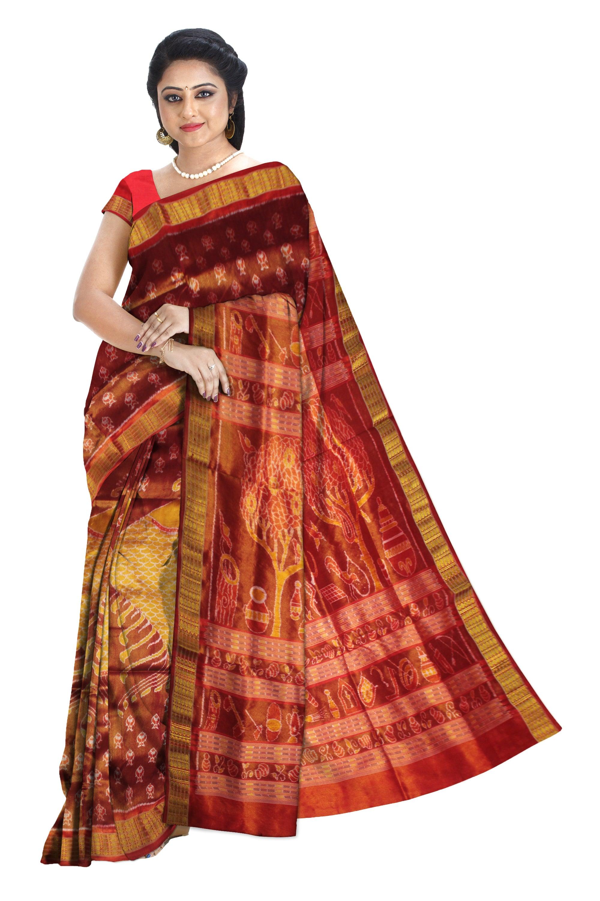 Handloom Pure Silk Tissue Sari in Mango Orange and Maroon | Red and Gold Border | Tree and Village scenary Pallu WITH BLOUSE - Koshali Arts & Crafts Enterprise