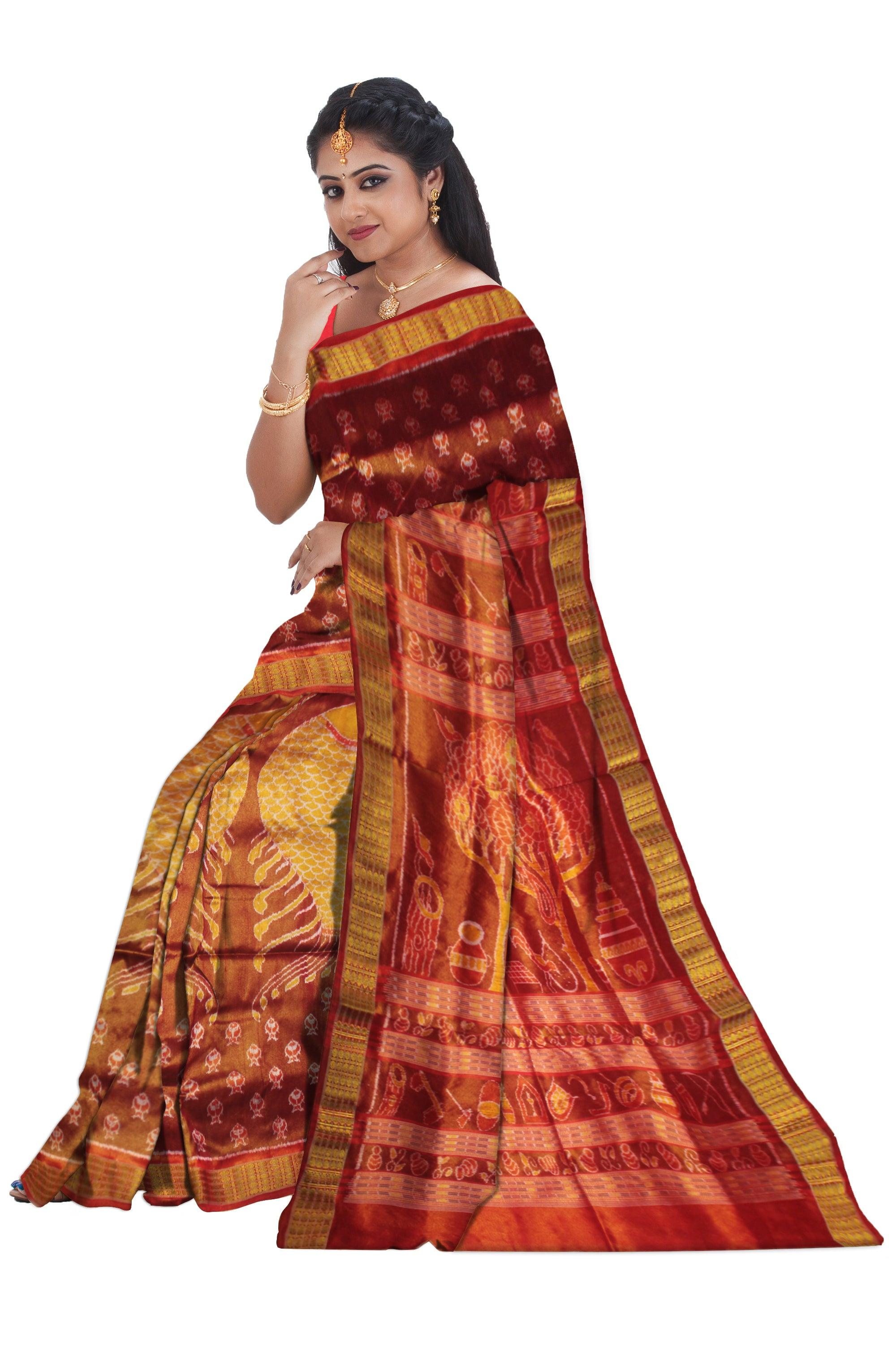 Handloom Pure Silk Tissue Sari in Mango Orange and Maroon | Red and Gold Border | Tree and Village scenary Pallu WITH BLOUSE - Koshali Arts & Crafts Enterprise