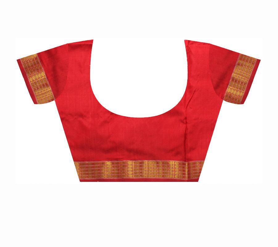 Handloom Pure Silk Tissue Sari in Mango Orange and Maroon | Red and Gold Border | Tree and Village scenary Pallu WITH BLOUSE - Koshali Arts & Crafts Enterprise