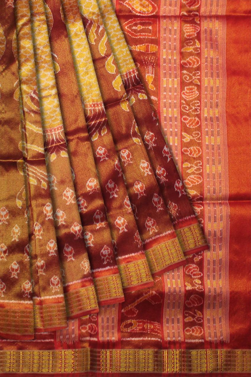 Handloom Pure Silk Tissue Sari in Mango Orange and Maroon | Red and Gold Border | Tree and Village scenary Pallu WITH BLOUSE - Koshali Arts & Crafts Enterprise