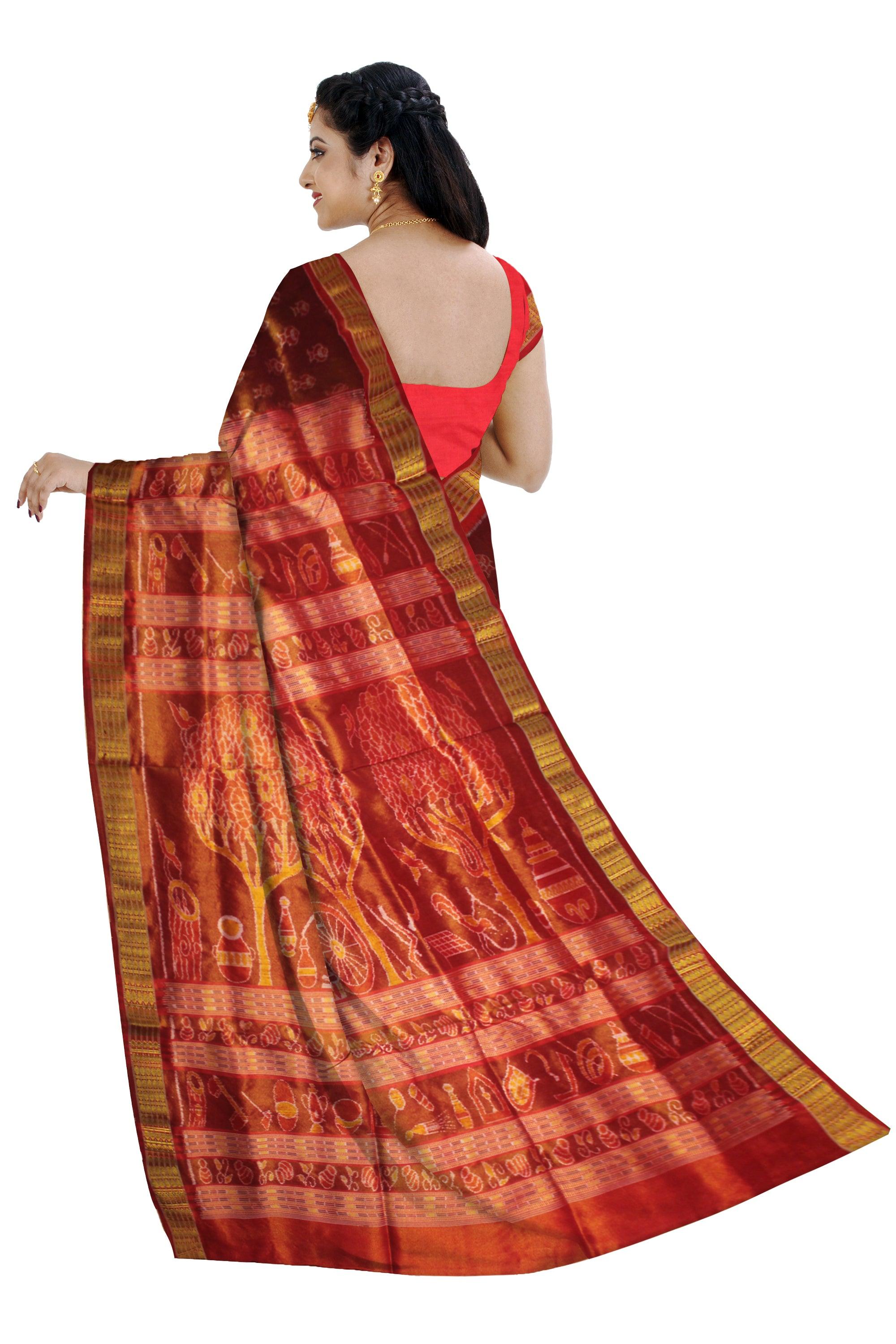 Handloom Pure Silk Tissue Sari in Mango Orange and Maroon | Red and Gold Border | Tree and Village scenary Pallu WITH BLOUSE - Koshali Arts & Crafts Enterprise