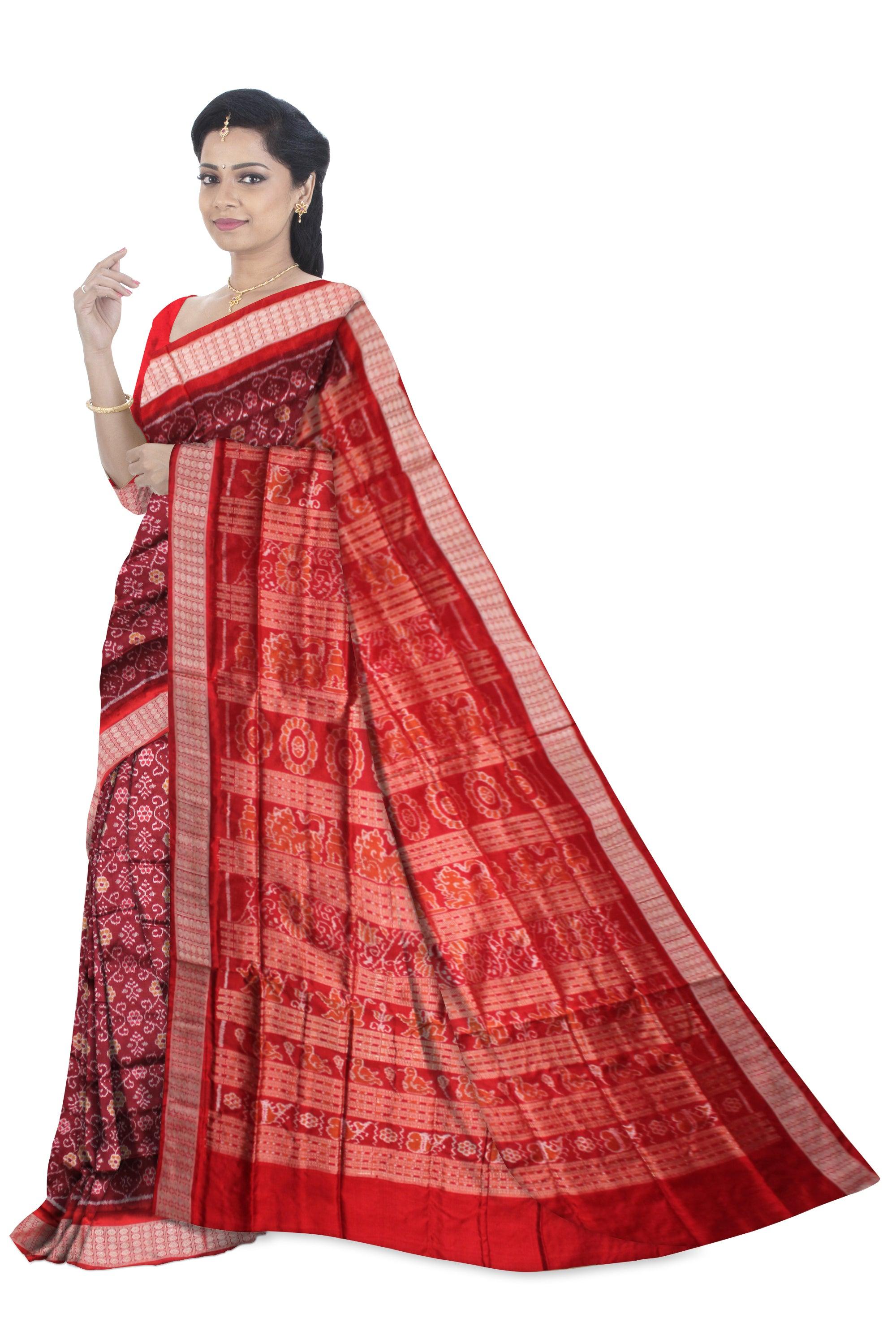 SONEPUR BANDHA PURE SILK SAREE IN CARMINE AND RED COLOR, WITH BLOUSE PIECE. - Koshali Arts & Crafts Enterprise