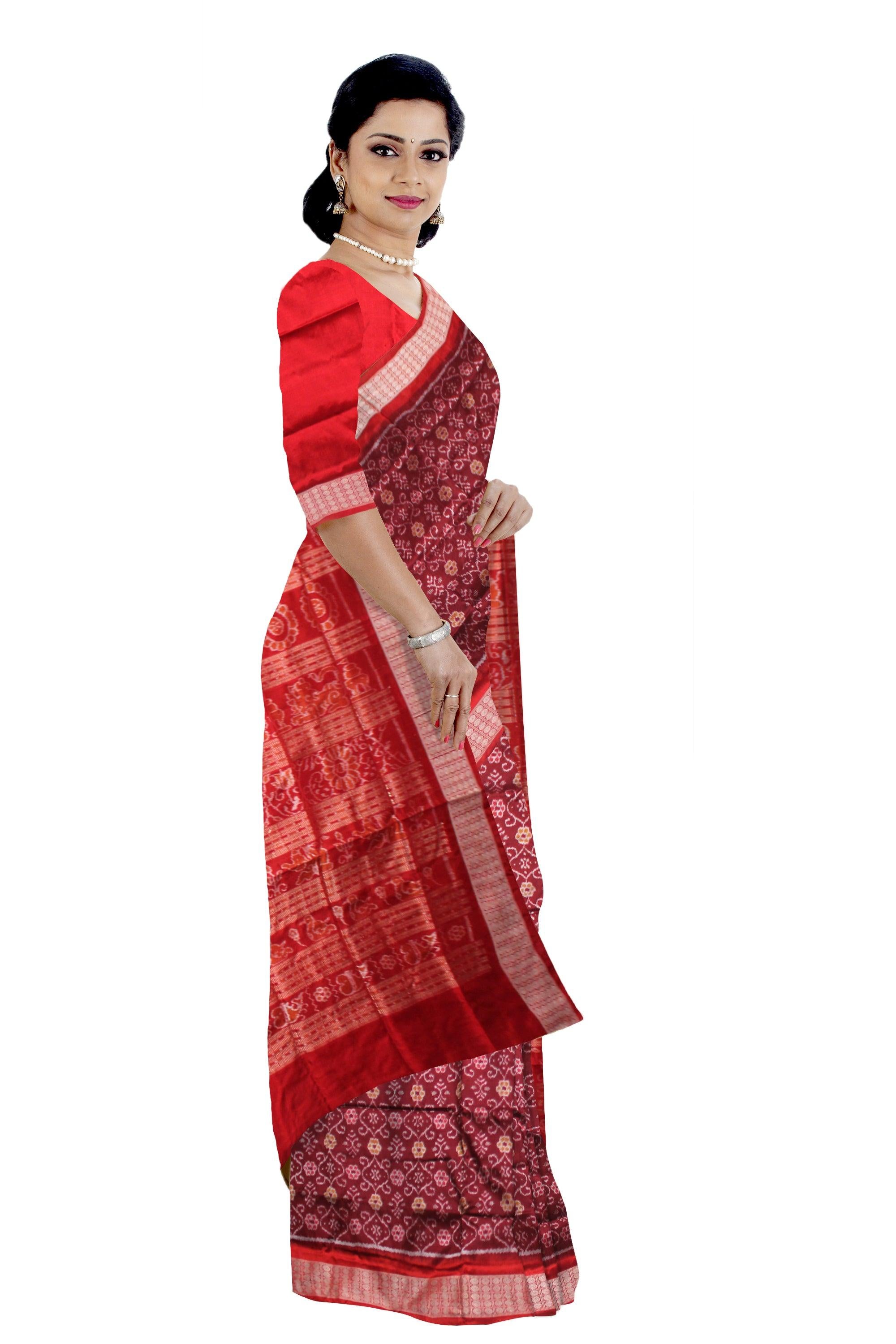 SONEPUR BANDHA PURE SILK SAREE IN CARMINE AND RED COLOR, WITH BLOUSE PIECE. - Koshali Arts & Crafts Enterprise