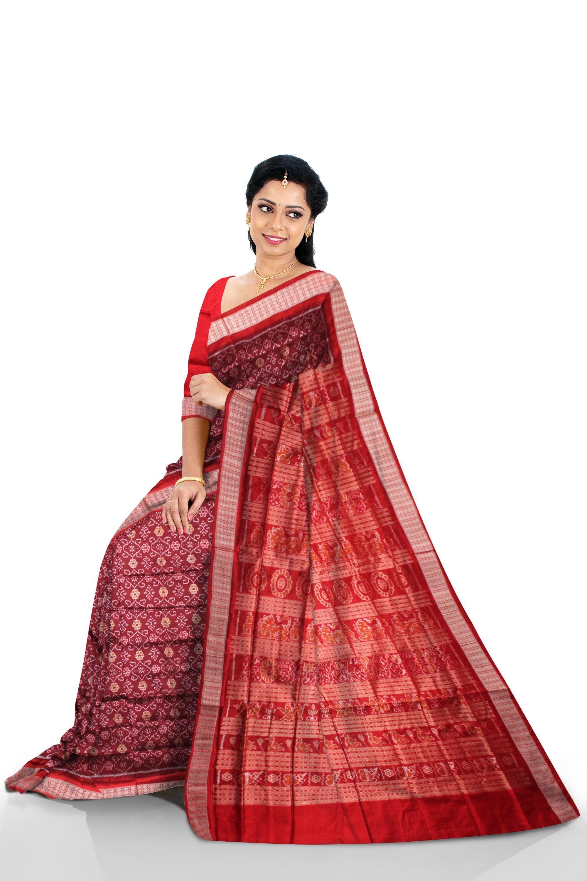 SONEPUR BANDHA PURE SILK SAREE IN CARMINE AND RED COLOR, WITH BLOUSE PIECE. - Koshali Arts & Crafts Enterprise