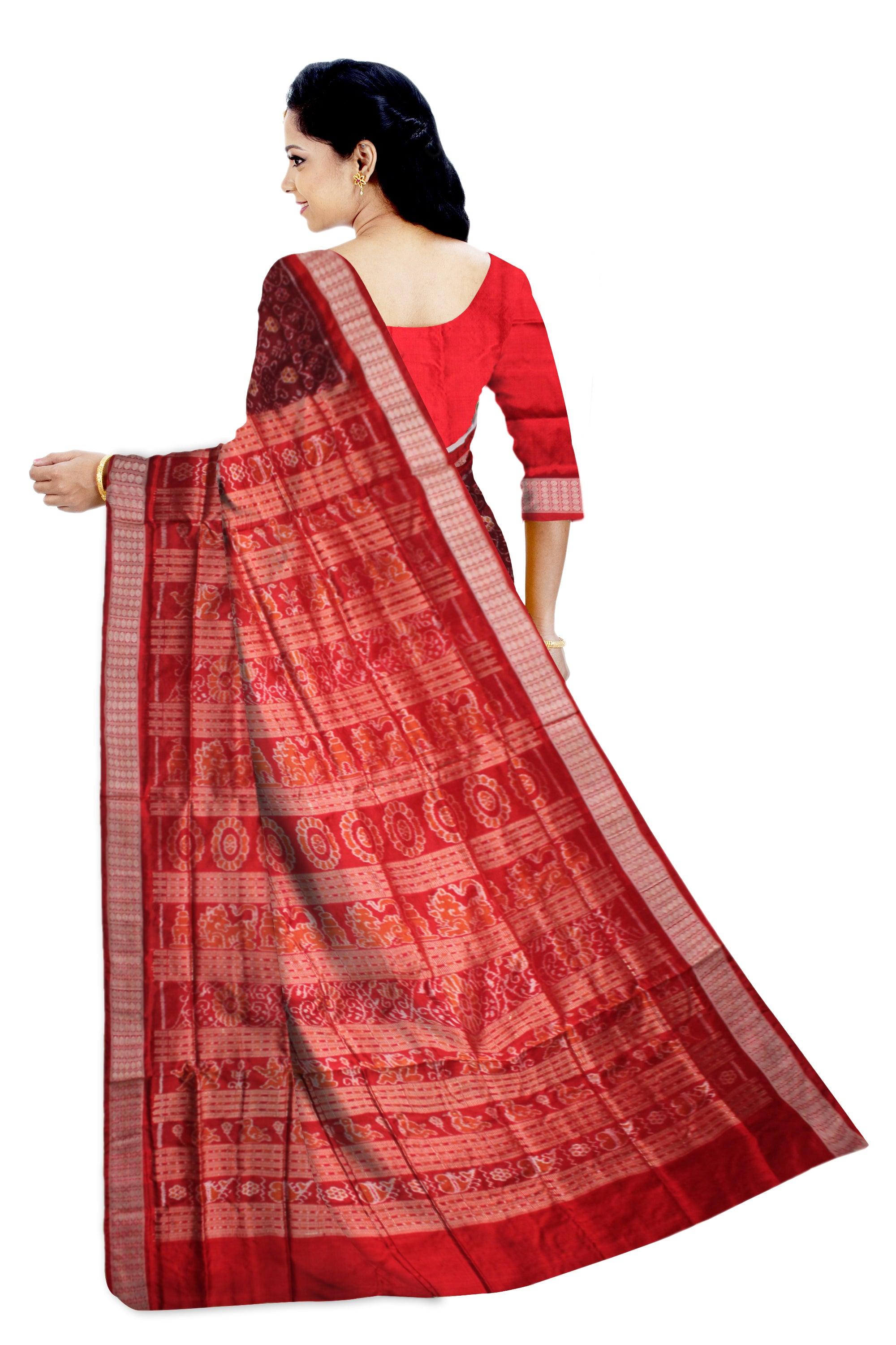 SONEPUR BANDHA PURE SILK SAREE IN CARMINE AND RED COLOR, WITH BLOUSE PIECE. - Koshali Arts & Crafts Enterprise