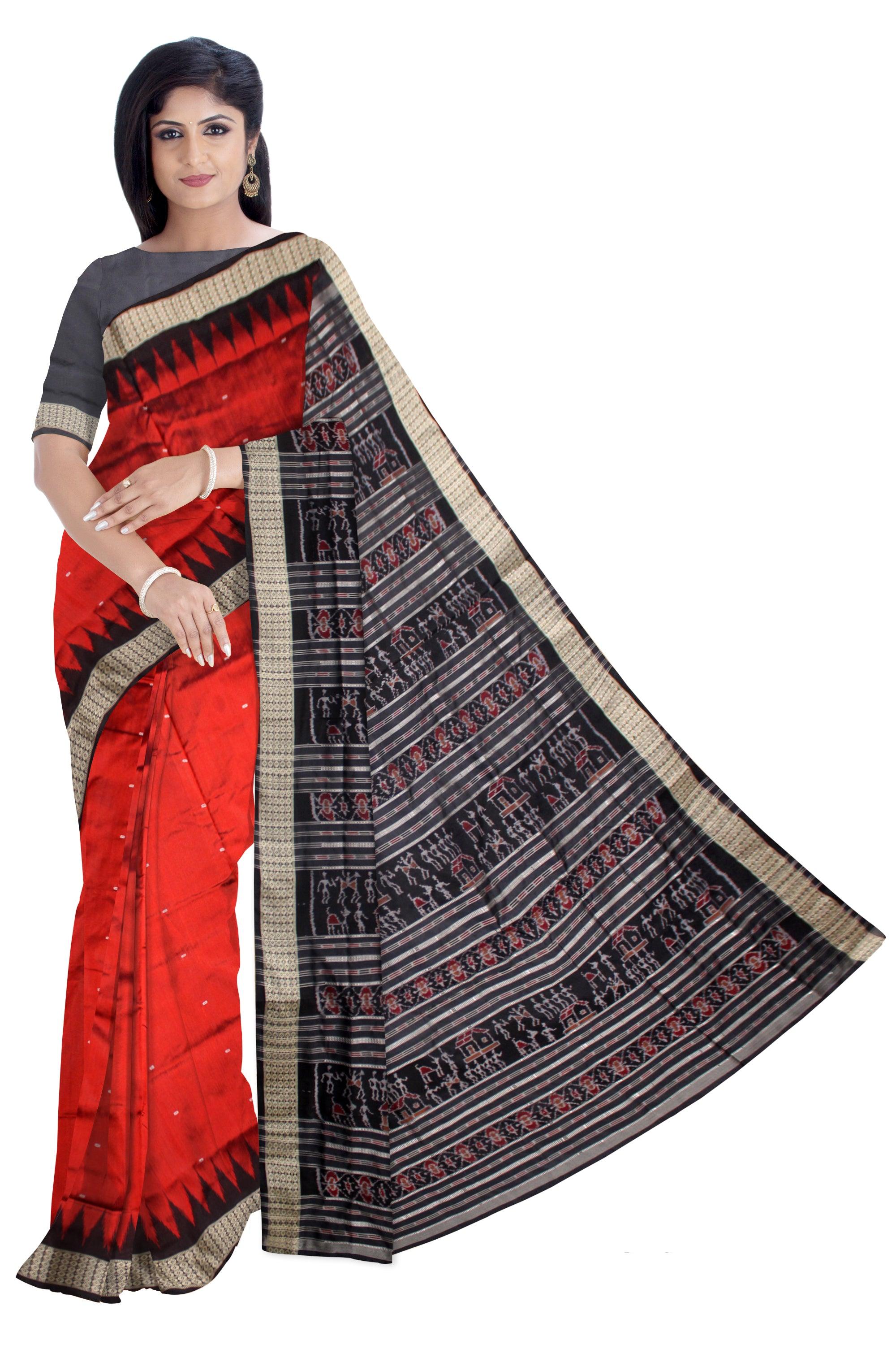 SONEPUR PURE SILK SAREE IN MAROON AND BLACK COLOR IN BOOTY DESIGN WITH SILVER COLOR BORDER WITH BLOUSE PIECE. - Koshali Arts & Crafts Enterprise