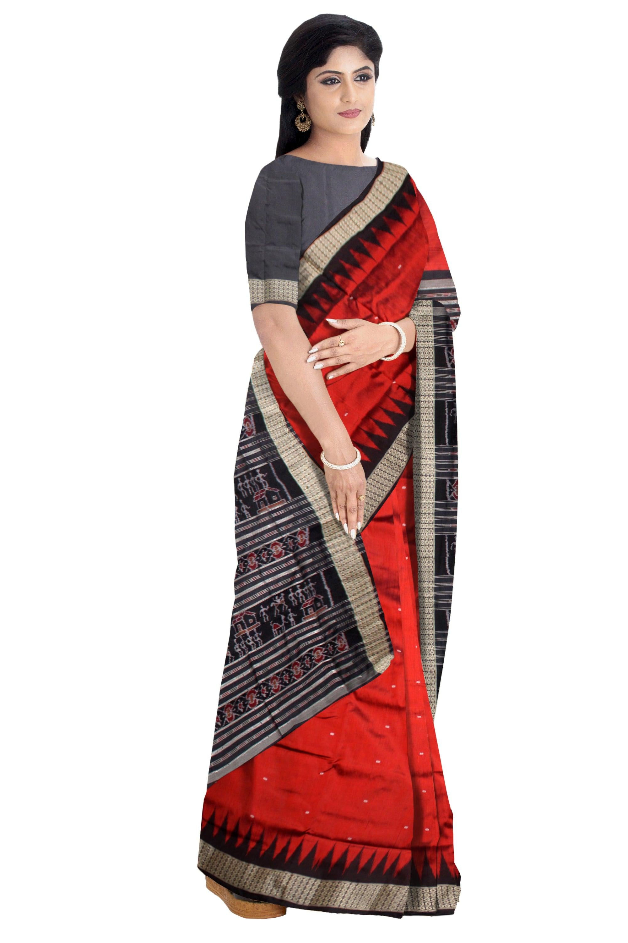 SONEPUR PURE SILK SAREE IN MAROON AND BLACK COLOR IN BOOTY DESIGN WITH SILVER COLOR BORDER WITH BLOUSE PIECE. - Koshali Arts & Crafts Enterprise