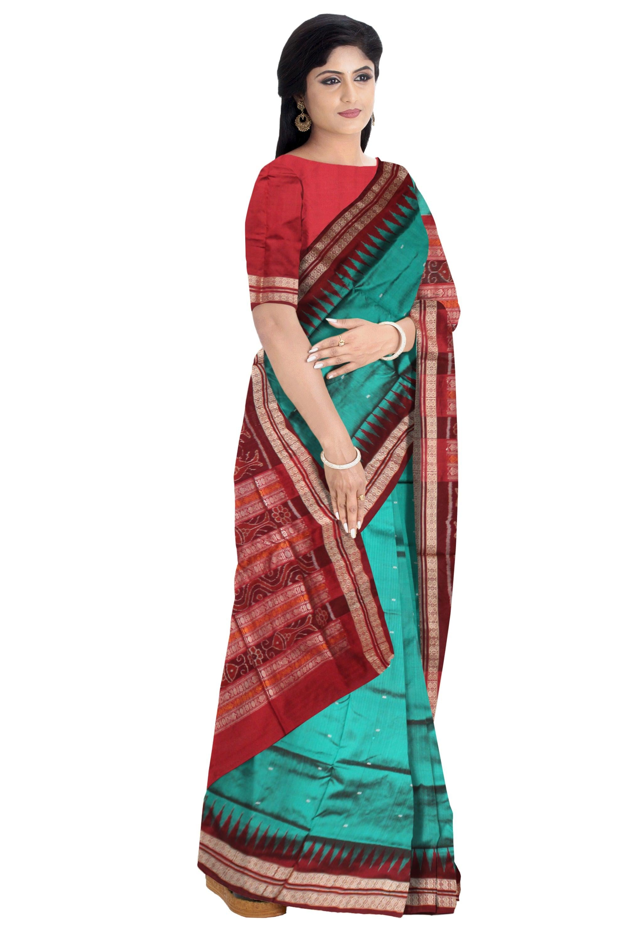 BOOTY PATTERN   SONEPUR SAREE IN PERSIAN GREEN AND MAROON COLOR  , GOLDEN BORDER WITH BLOUSE PIECE. - Koshali Arts & Crafts Enterprise
