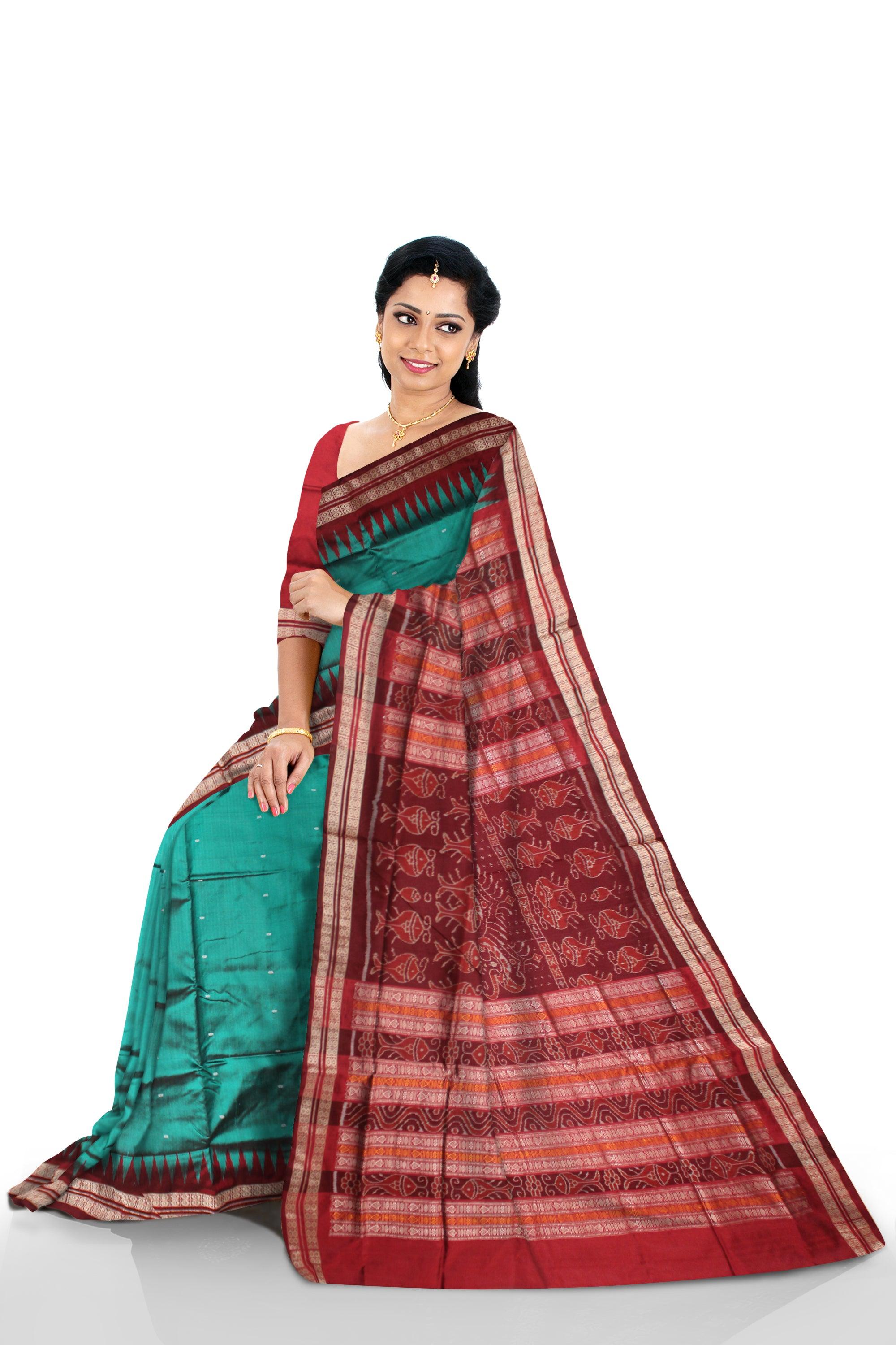 BOOTY PATTERN   SONEPUR SAREE IN PERSIAN GREEN AND MAROON COLOR  , GOLDEN BORDER WITH BLOUSE PIECE. - Koshali Arts & Crafts Enterprise