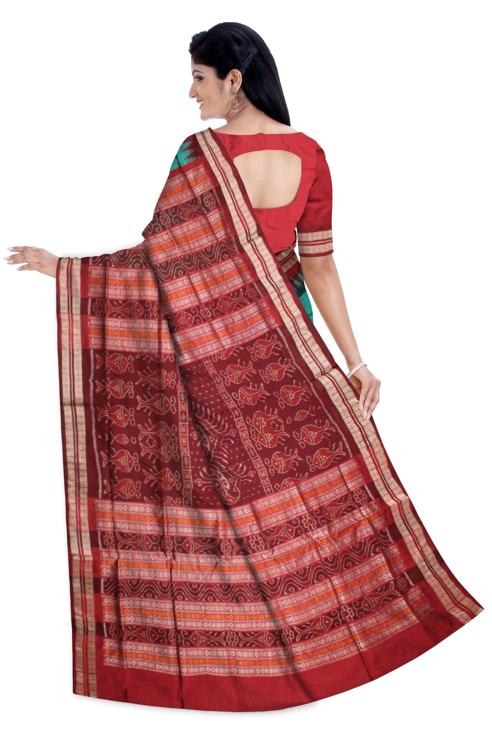 BOOTY PATTERN   SONEPUR SAREE IN PERSIAN GREEN AND MAROON COLOR  , GOLDEN BORDER WITH BLOUSE PIECE. - Koshali Arts & Crafts Enterprise