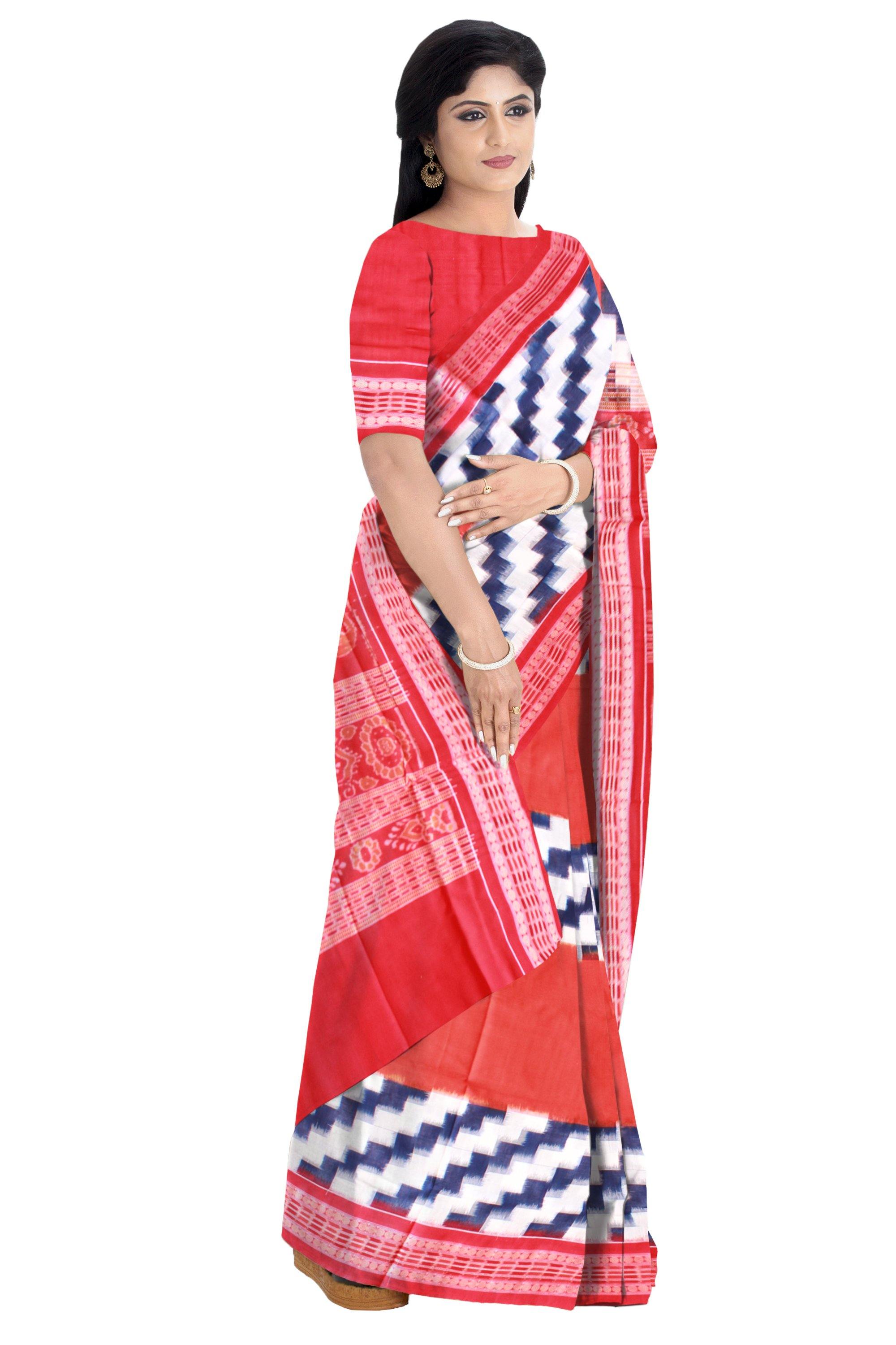 Sambalpuri handwoven cotton saree in Zigzag pattern with blouse Piece. - Koshali Arts & Crafts Enterprise