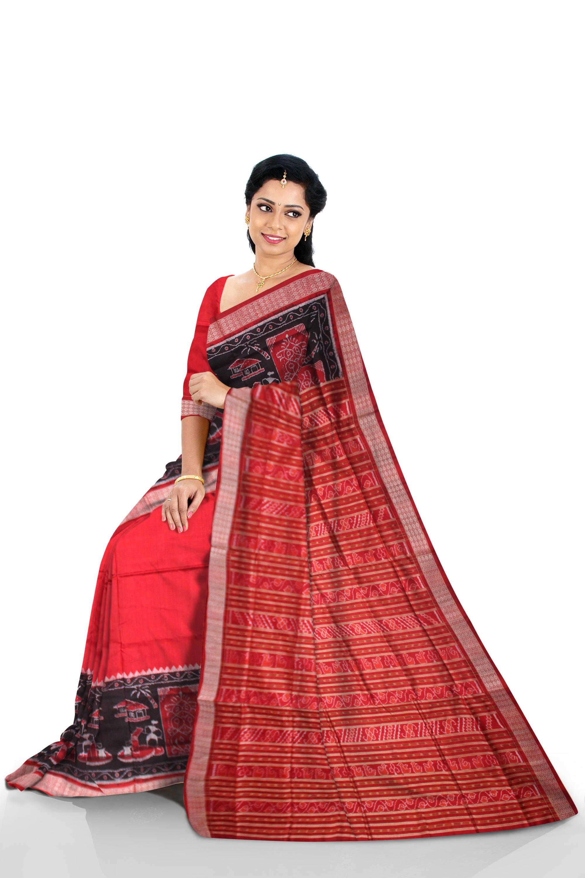 NEW LOOK SONEPUR PURE PATA SAREE IN RED AND BLACK COLOR WITH BLOUSE PIECE. - Koshali Arts & Crafts Enterprise