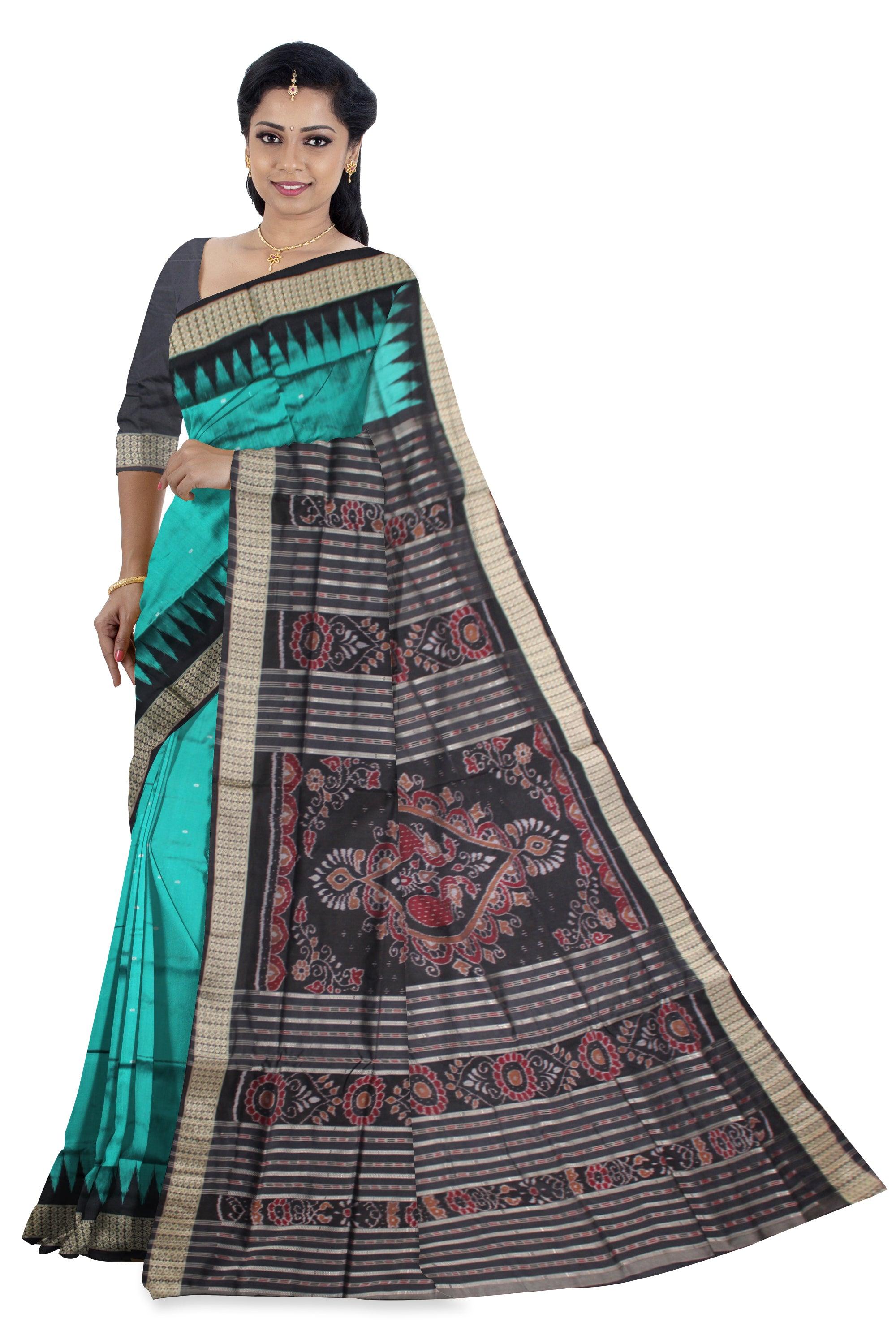 SAMBALPURI PATA SAREE IN LIGHT GREEN COLOR IN PLAIN DESIGN WITH BLACK BORDER WITH BLOUSE PIECE. - Koshali Arts & Crafts Enterprise