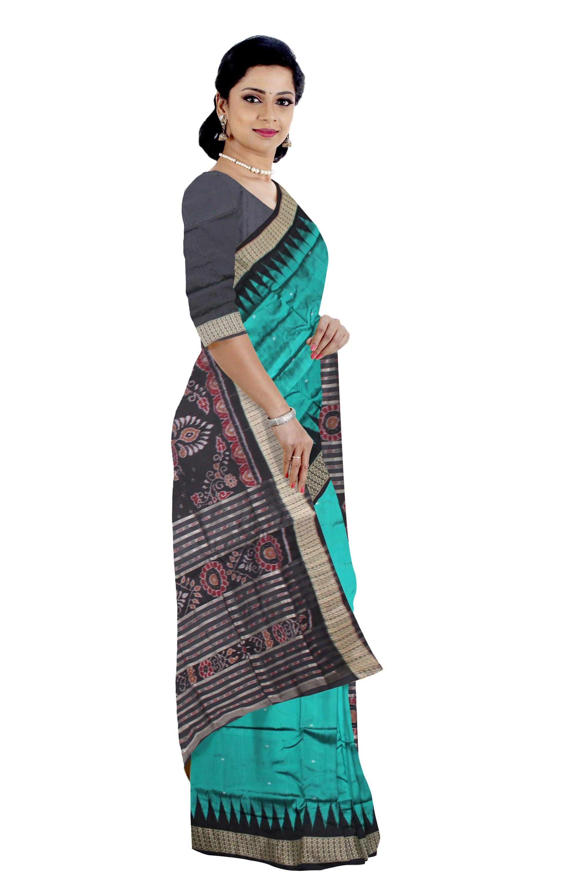 SAMBALPURI PATA SAREE IN LIGHT GREEN COLOR IN PLAIN DESIGN WITH BLACK BORDER WITH BLOUSE PIECE. - Koshali Arts & Crafts Enterprise