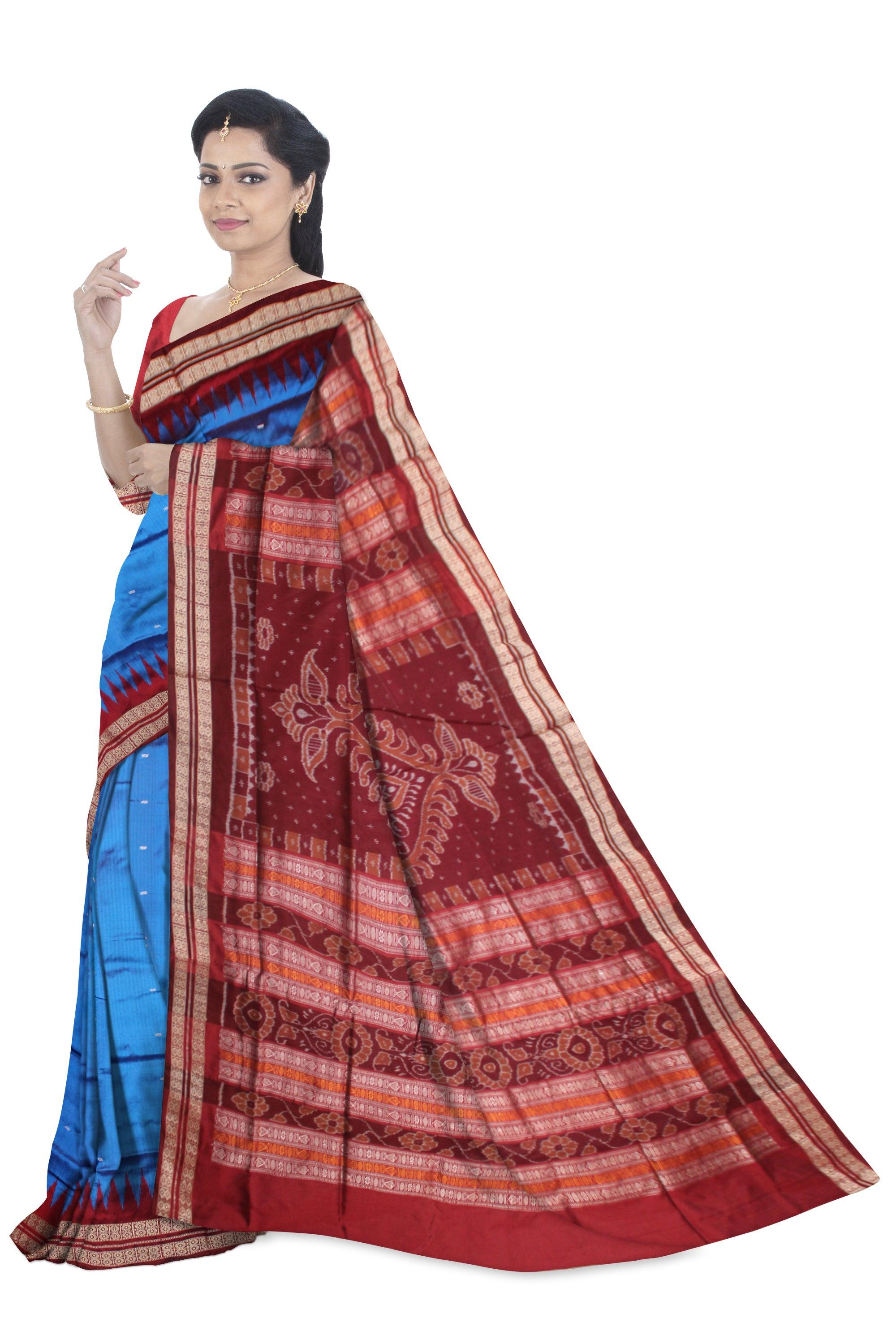 BLUE AND MAROON COLOR SONEPUR PATA SAREE, WITH BLOUSE. - Koshali Arts & Crafts Enterprise