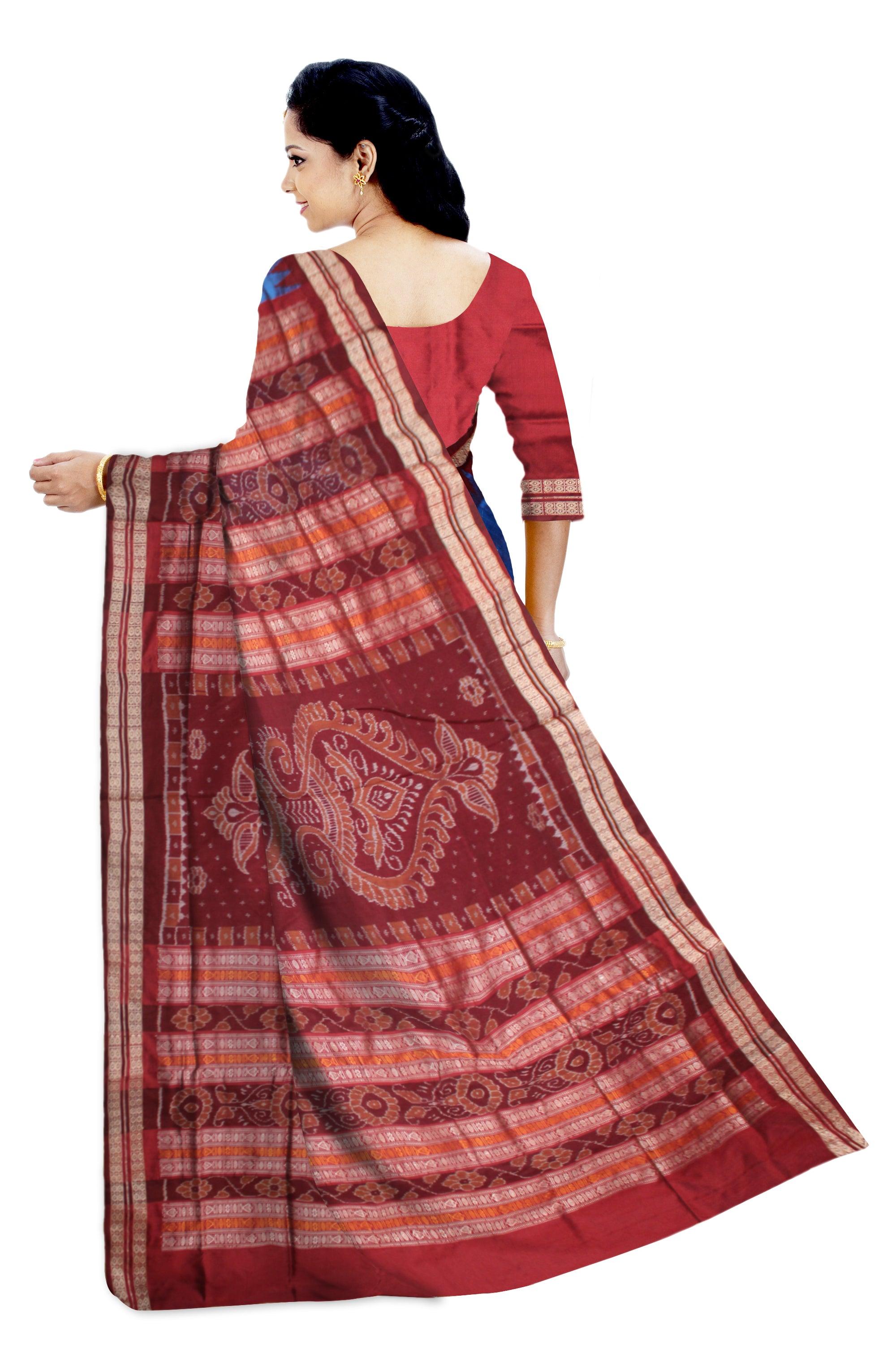 BLUE AND MAROON COLOR SONEPUR PATA SAREE, WITH BLOUSE. - Koshali Arts & Crafts Enterprise