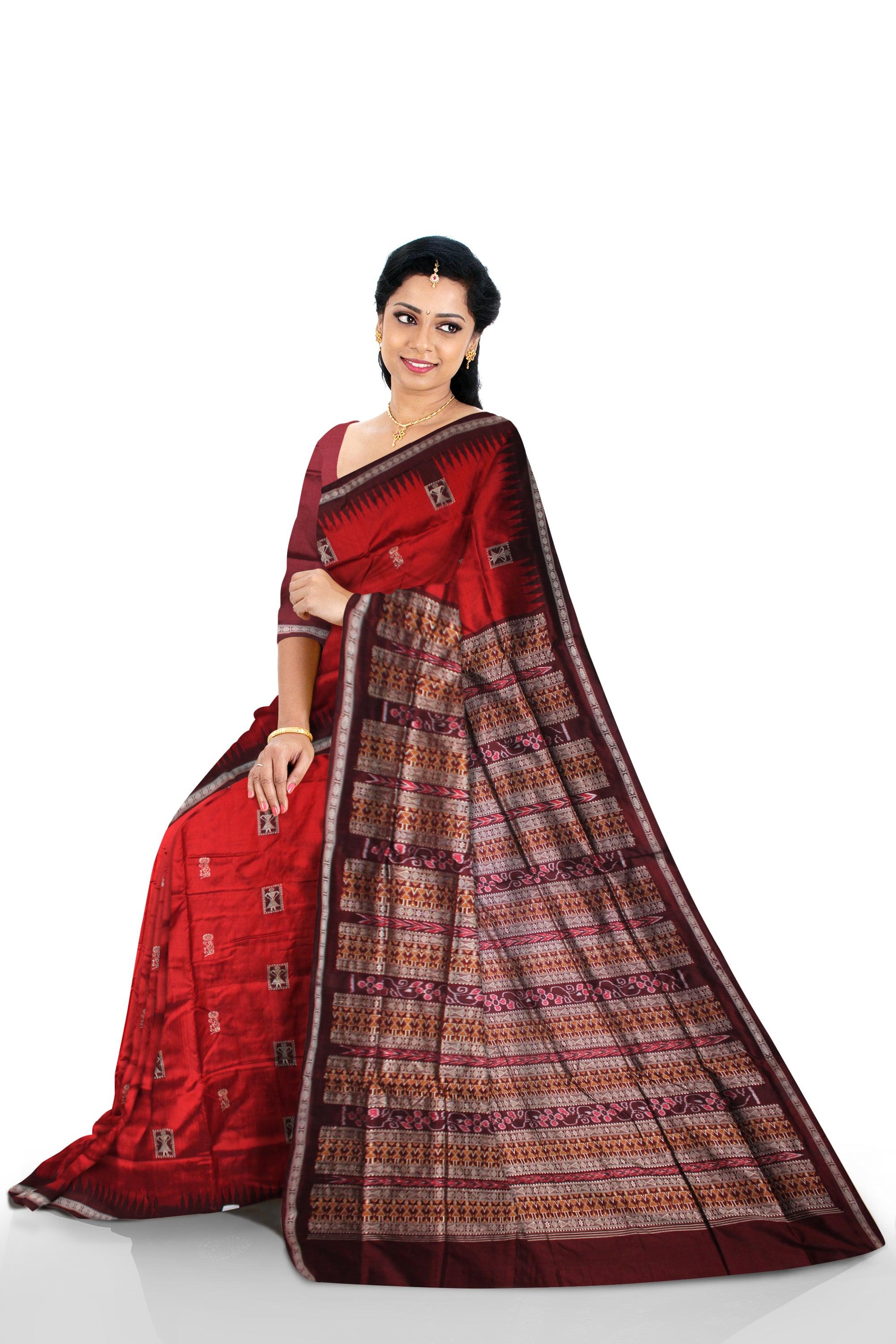 MARRIAGE COLLECTION PATA SAREE IN BANDHA DESIGN IN RED AND COFFEE COLOR , WITH BLOUSE PIECE. - Koshali Arts & Crafts Enterprise