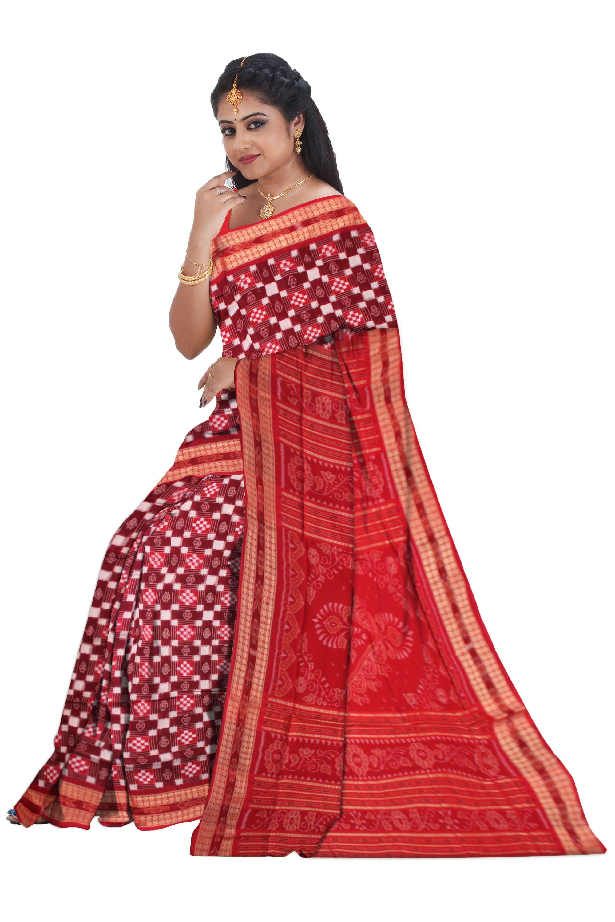 SONEPUR PASAPALI DESIGN COTTON SAREE IN RED AND MAROON COLOR, WITH BLOUSE PIECE. - Koshali Arts & Crafts Enterprise