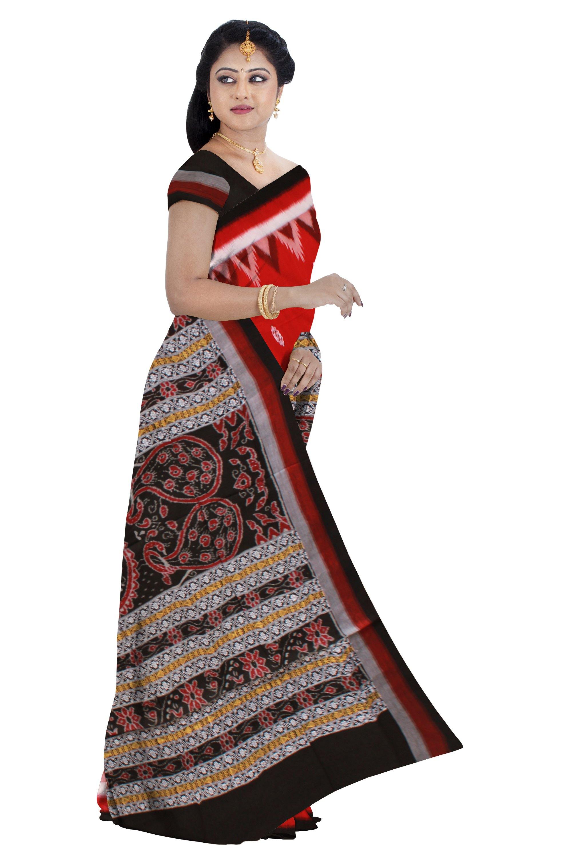 Orange color Bomkei pattern sambalpuri saree with blouse piece. - Koshali Arts & Crafts Enterprise