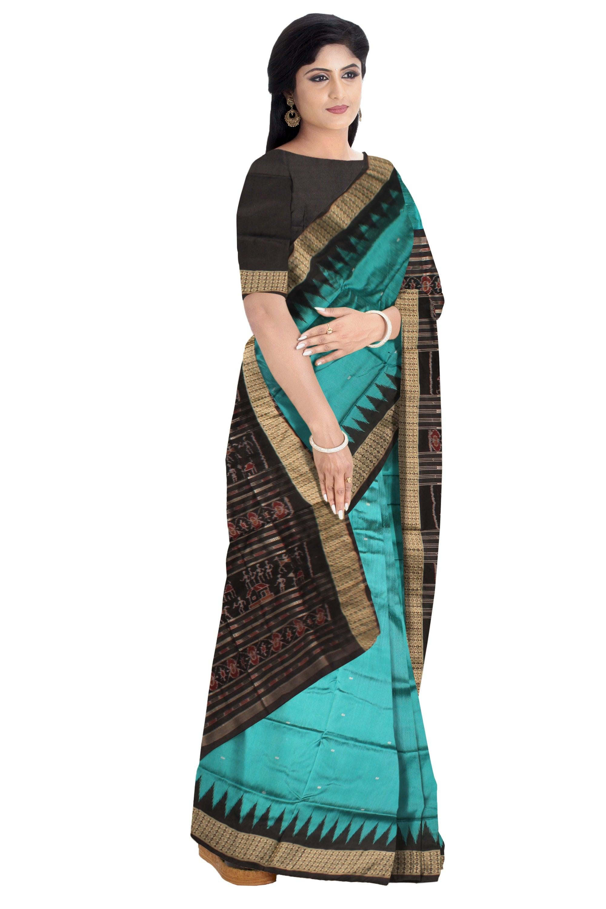 LIGHT SKY AND BLACK COLOR BOOTY PATTERN PATA SAREE, WITH BLOUSE PIECE. - Koshali Arts & Crafts Enterprise