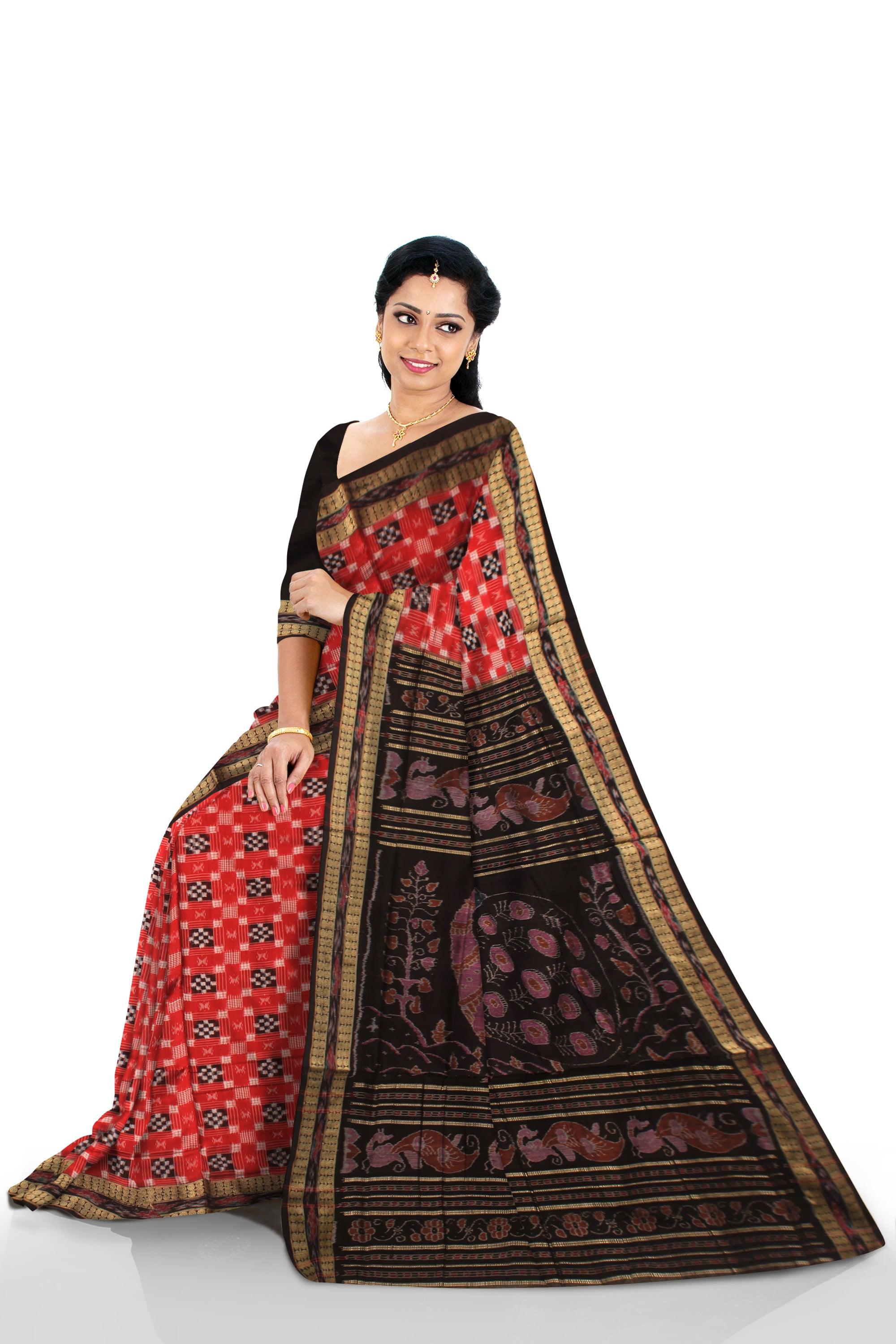 RED AND BLACK COLOR PASAPALI PATTERN COTTON SAREE , WITH BLOUSE PIECE. - Koshali Arts & Crafts Enterprise