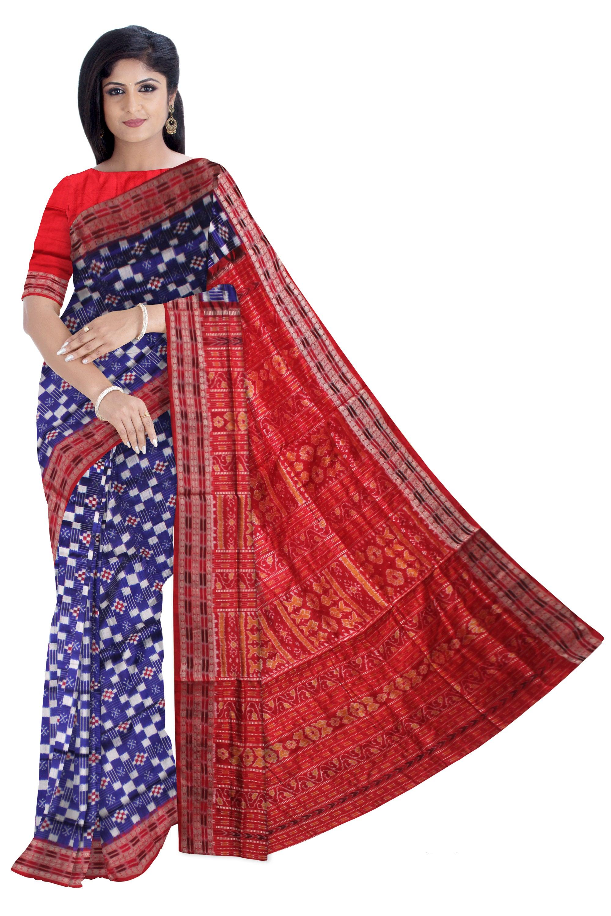 FESTIVAL COLLECTION  PASAPALI PATTERN PATA SAREE IN BLUE AND RED COLOR BASE, ATTACHED WITH BLOUSE PIECE. - Koshali Arts & Crafts Enterprise
