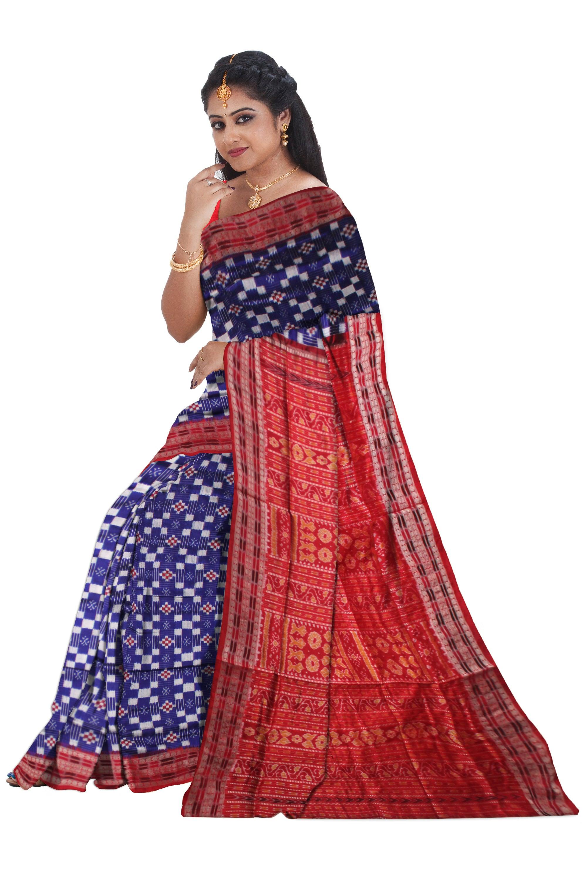 FESTIVAL COLLECTION  PASAPALI PATTERN PATA SAREE IN BLUE AND RED COLOR BASE, ATTACHED WITH BLOUSE PIECE. - Koshali Arts & Crafts Enterprise