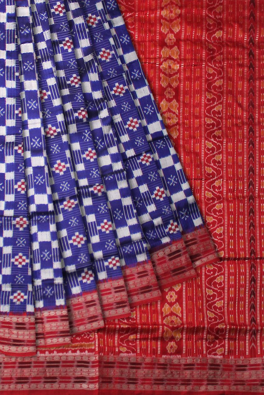 FESTIVAL COLLECTION  PASAPALI PATTERN PATA SAREE IN BLUE AND RED COLOR BASE, ATTACHED WITH BLOUSE PIECE. - Koshali Arts & Crafts Enterprise