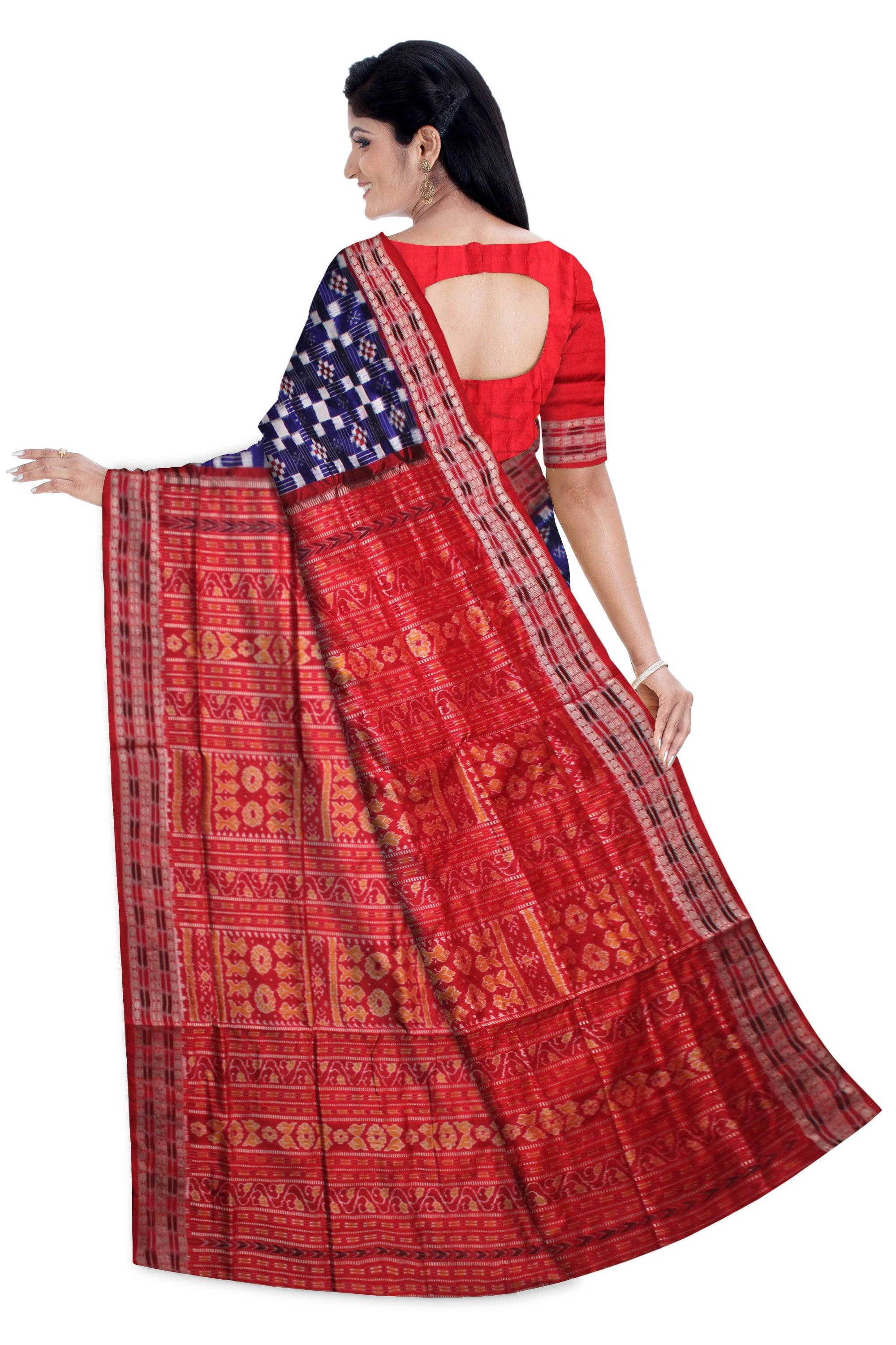 FESTIVAL COLLECTION  PASAPALI PATTERN PATA SAREE IN BLUE AND RED COLOR BASE, ATTACHED WITH BLOUSE PIECE. - Koshali Arts & Crafts Enterprise